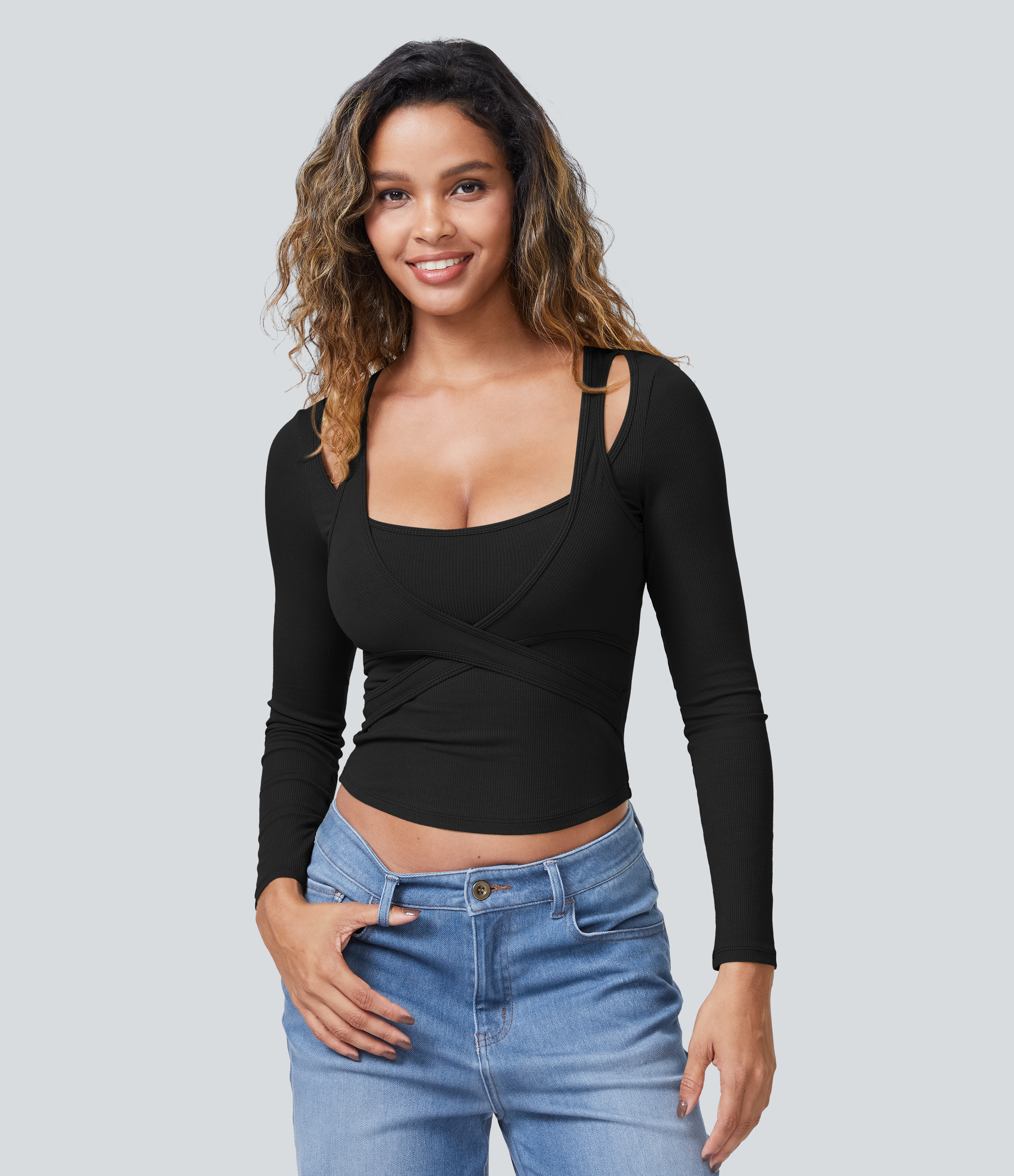 Ribbed Knit Square Neck Cut Out Long Sleeve Curved Hem Cropped Casual Sports Top