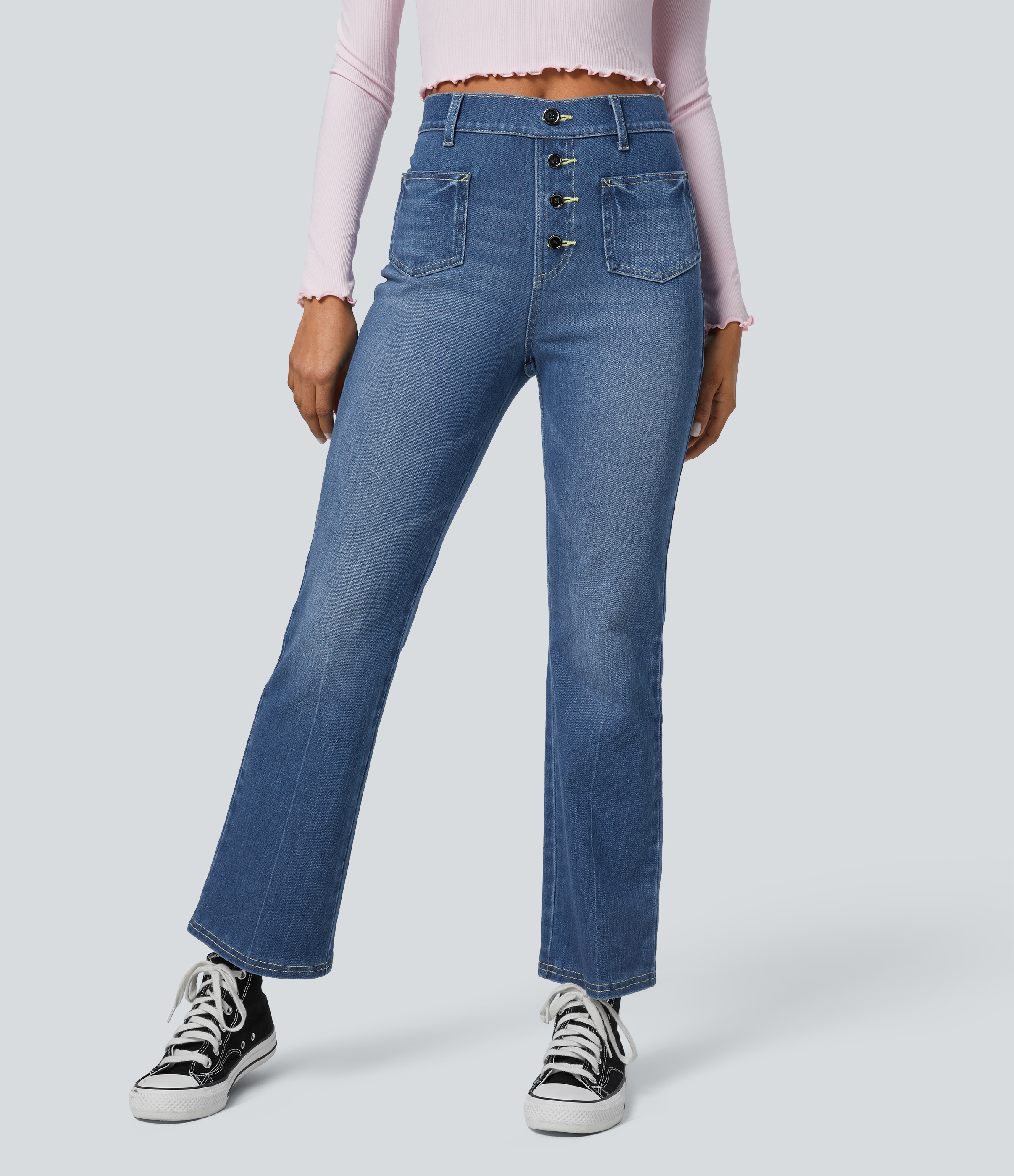 Cedar Blue Denim Halara Flex™ High-Waist lässige Bootcut-Jeans mit dekorativen Taschen / 1
