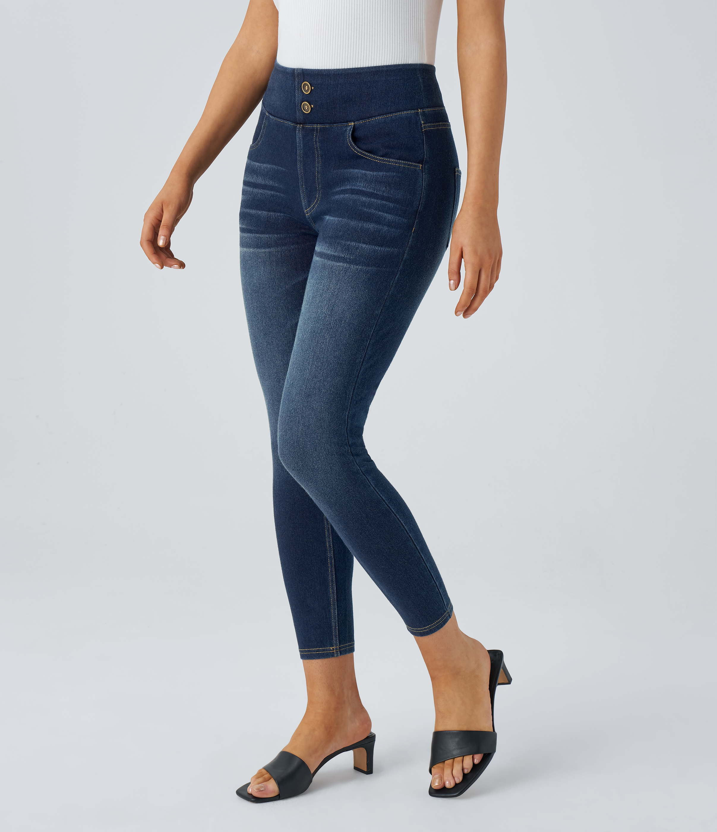 Bright Blue Denim Jeans Halara Flex™ Denim 7/8 elástico lavado botón decorativo tiro alto curva múltiple bolsillo / 2
