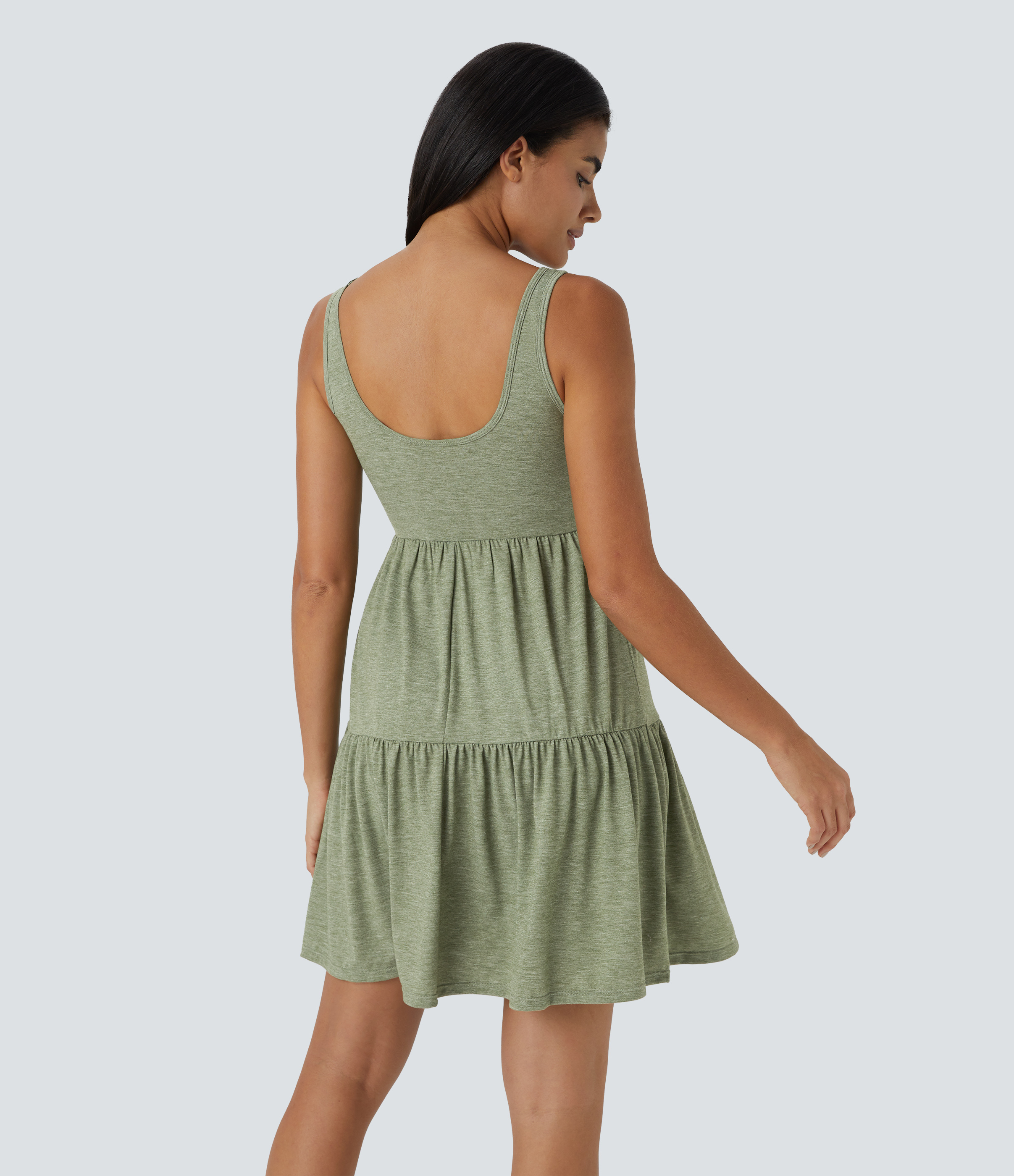 Light Green Floral Yarn Mini vestido resort fluido cuello U botones sin espalda dobladillo volante plisado / 2