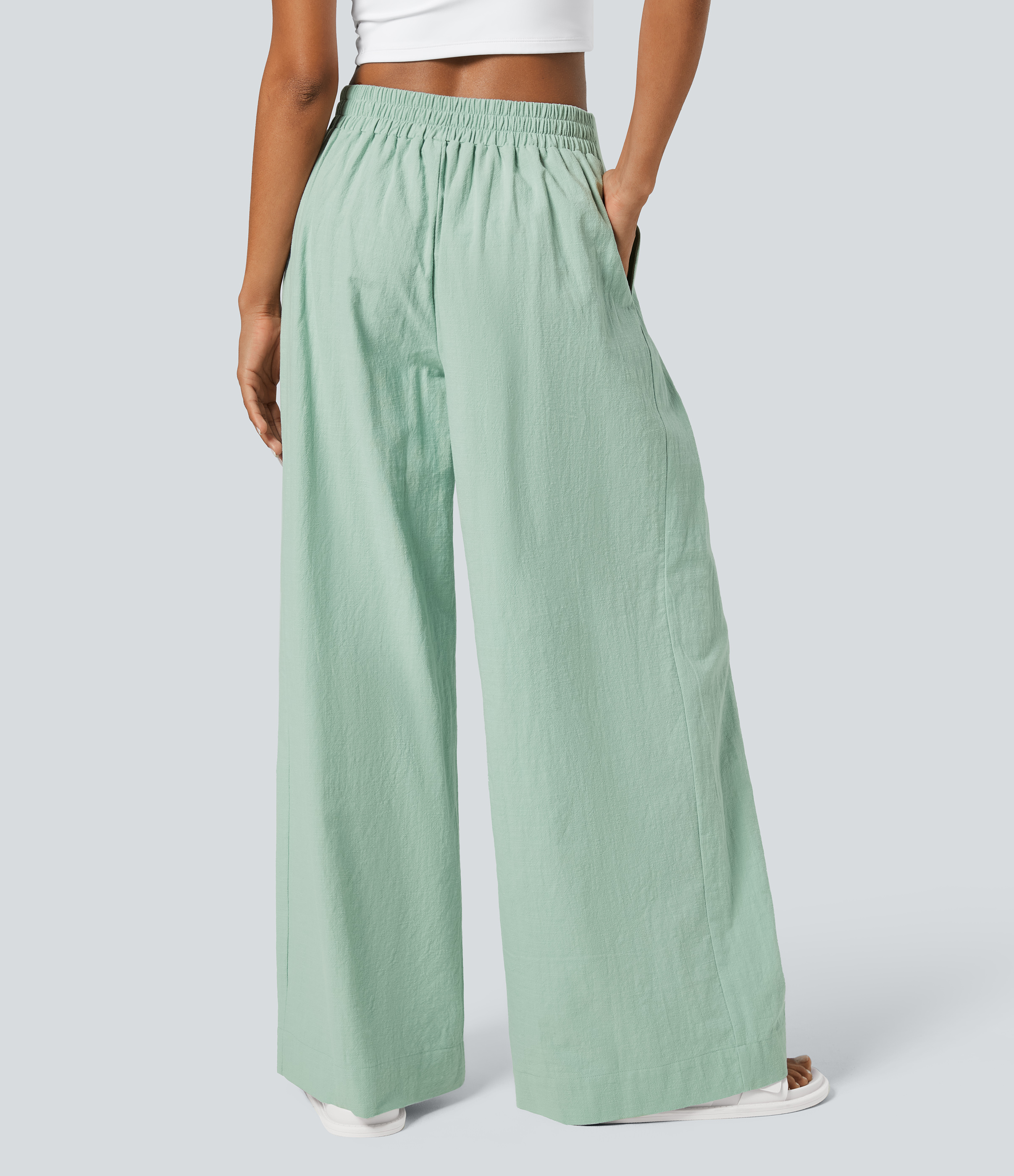 Spray High Waisted Button Side Pocket Wide Leg Linen-Feel Casual Cotton Pants / 2