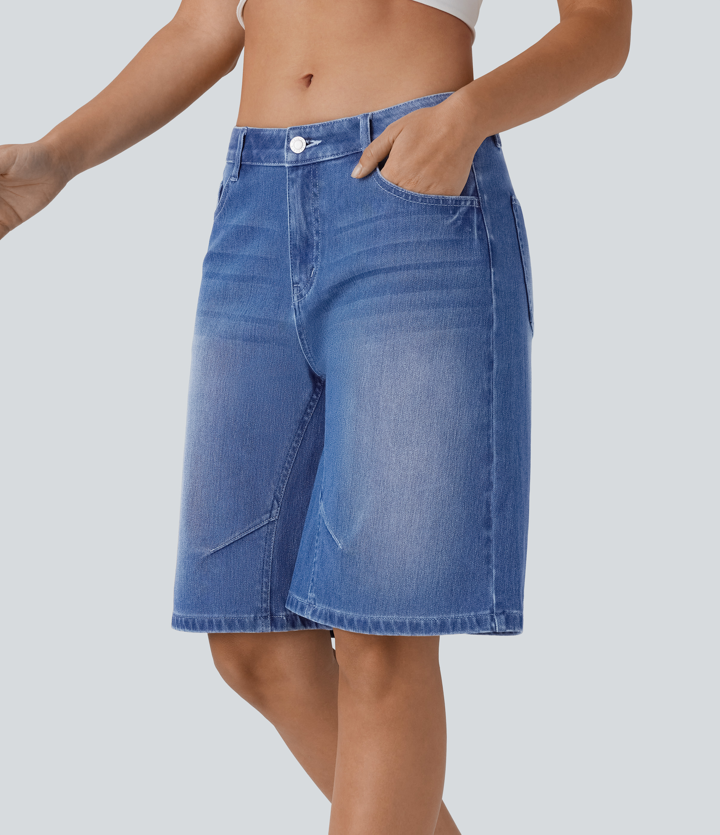 Paint Blue Denim Halara Flex™ Low Rise Washed Denim Casual Bermuda Shorts with Pockets / 1
