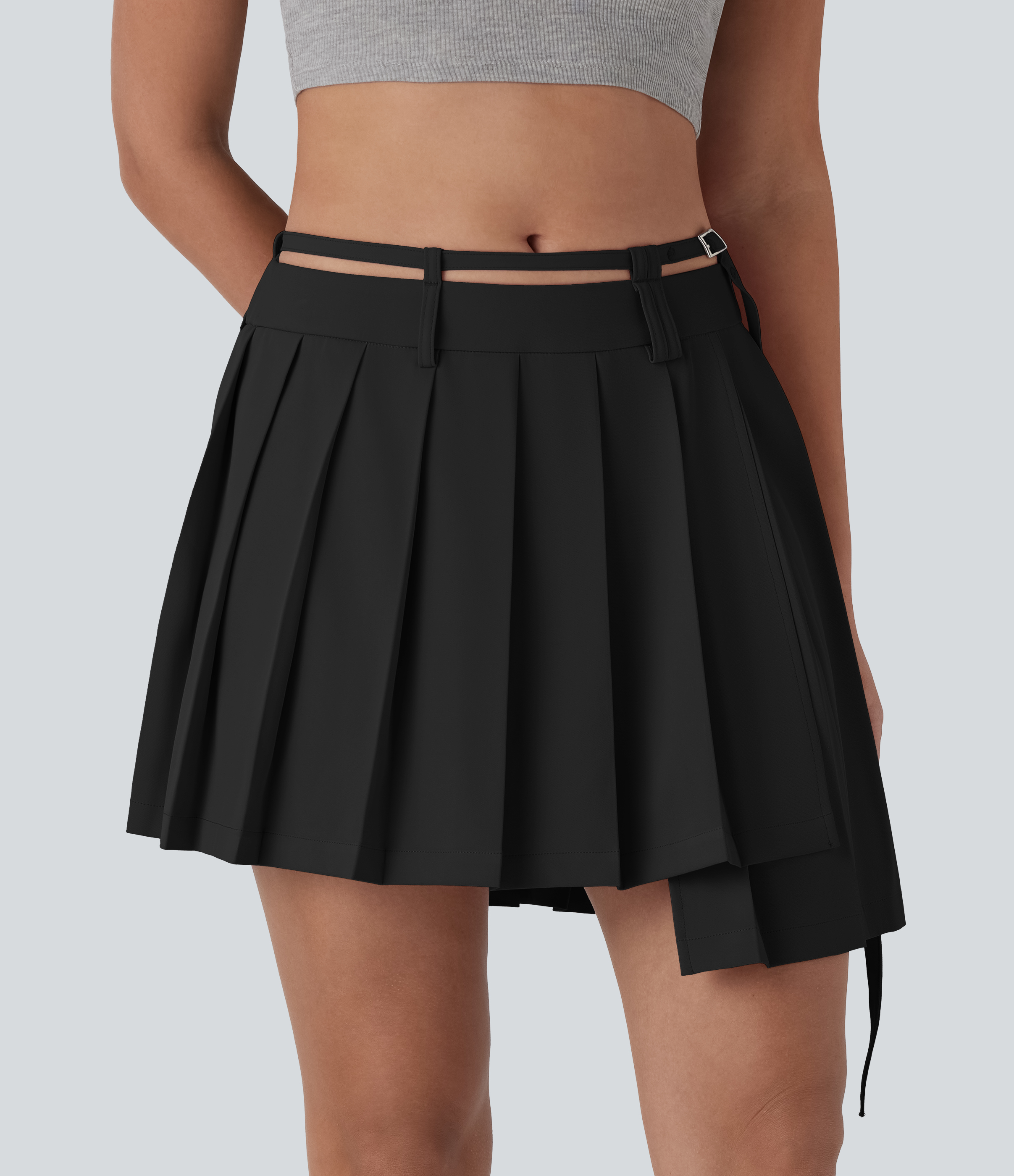 Mid Rise Belted Asymmetric Pleated Mini Casual Skirt
