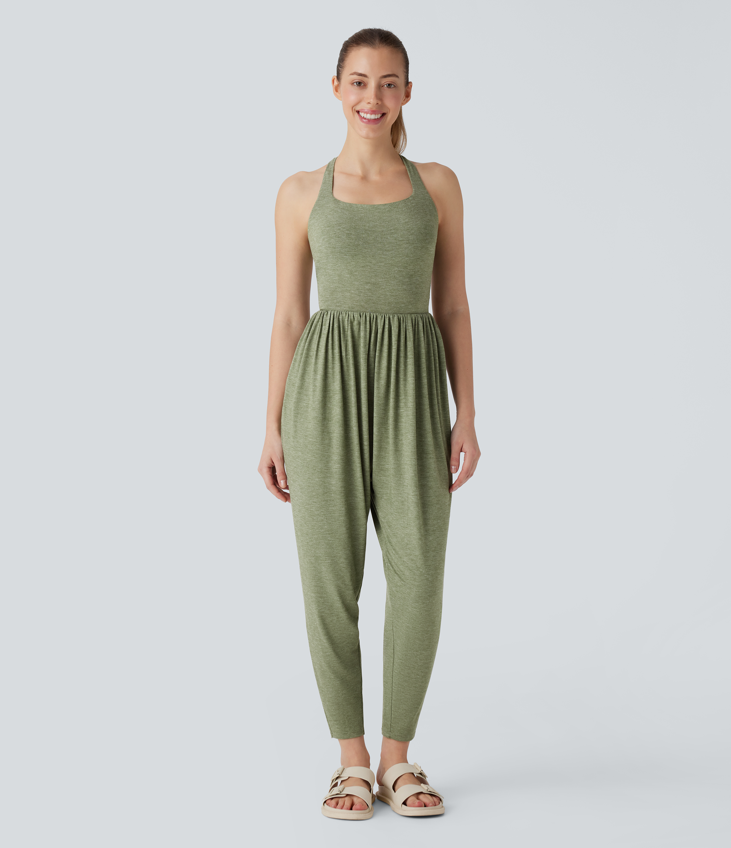Light Green Floral Yarn Mono harén cuello U cruzado bolsillo lateral sin espalda - Easy Peezy / 2