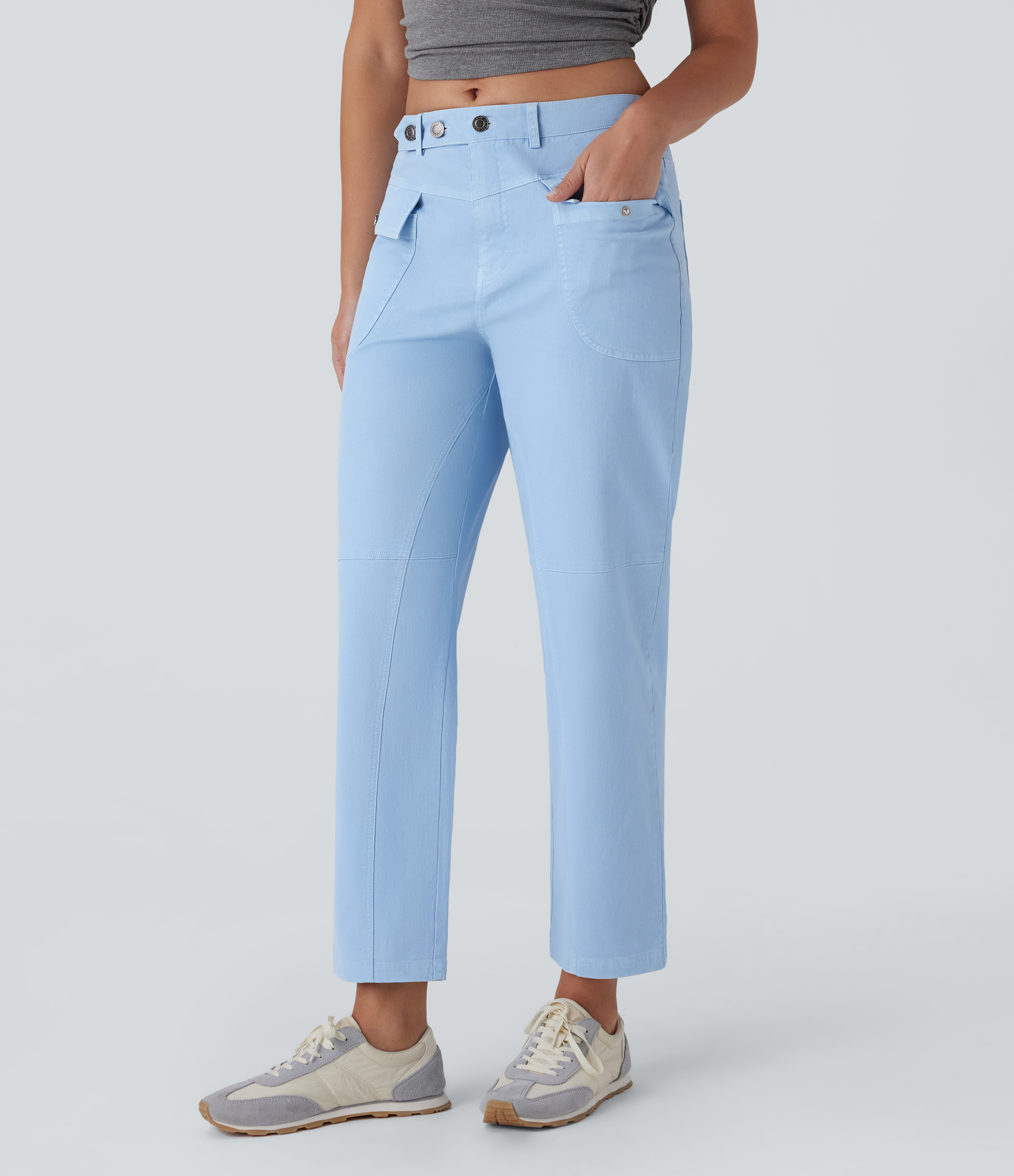 Cargo-Casual-Baumwollhose mit mittelhohem Bund und geradem Bein und Taschen