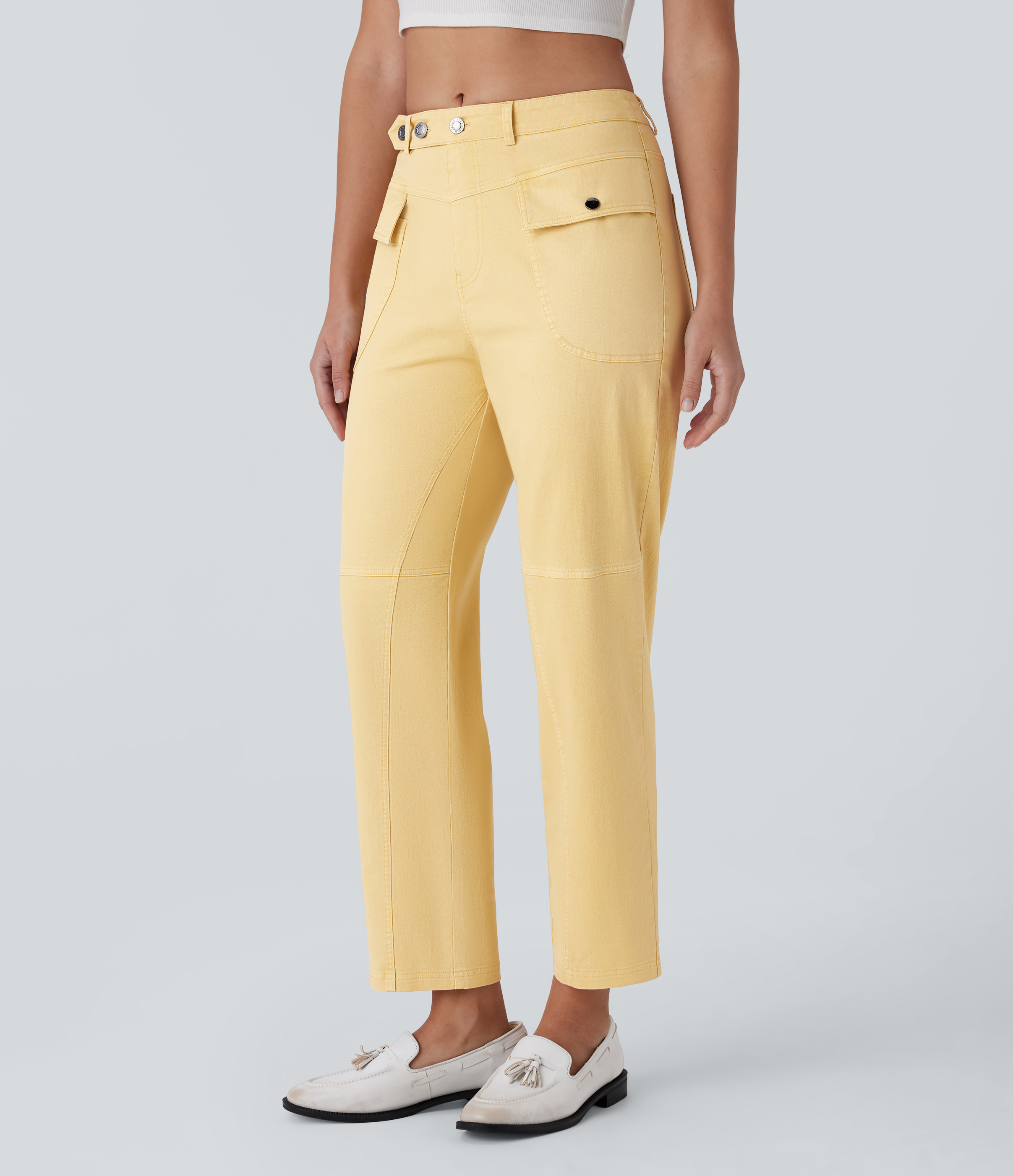 Mid Rise Straight Leg Cargo Casual Cotton Pants with Pockets