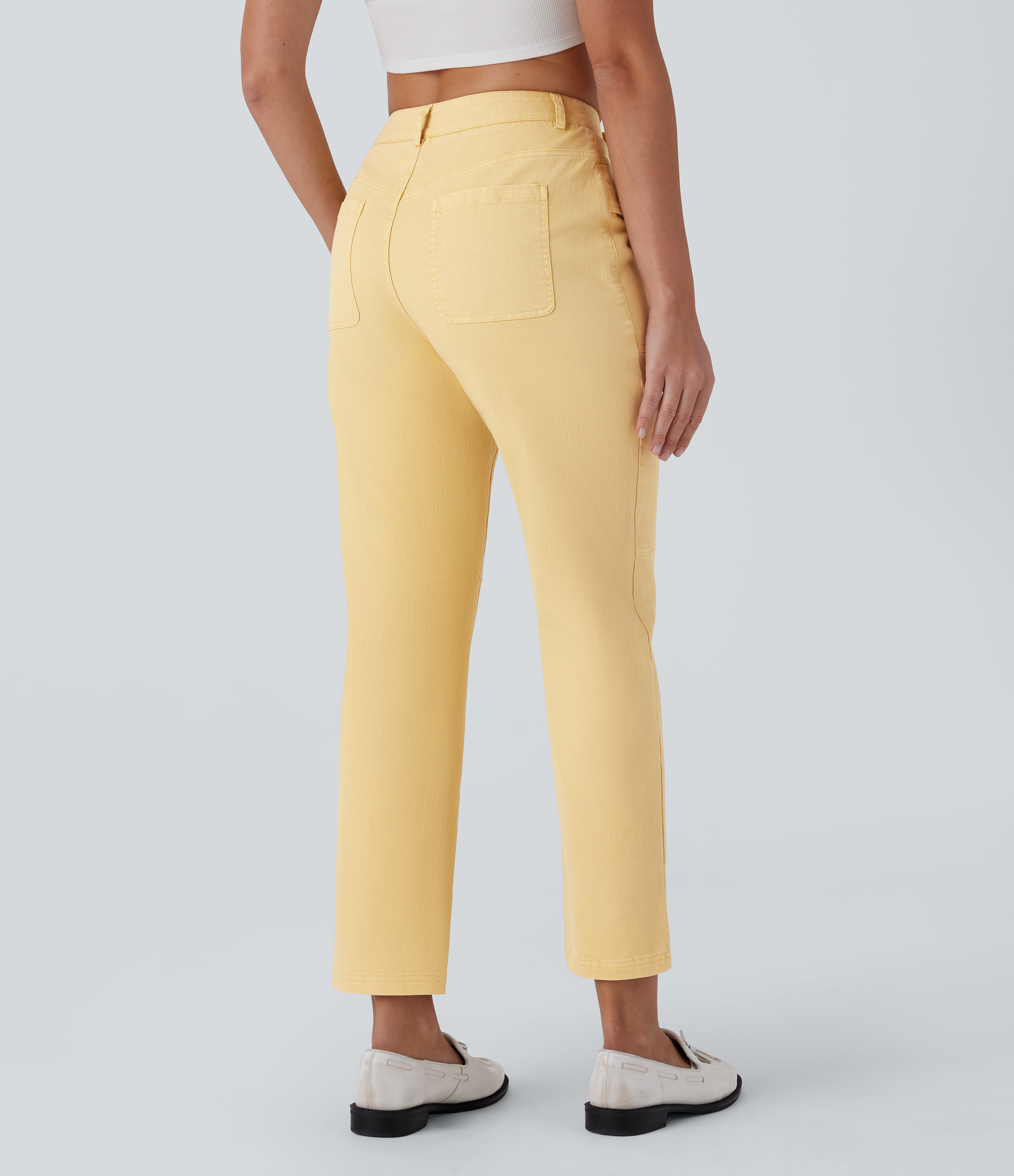 Pop Corn Yellow Denim Mid Rise Straight Leg Cargo Casual Cotton Pants with Pockets / 2