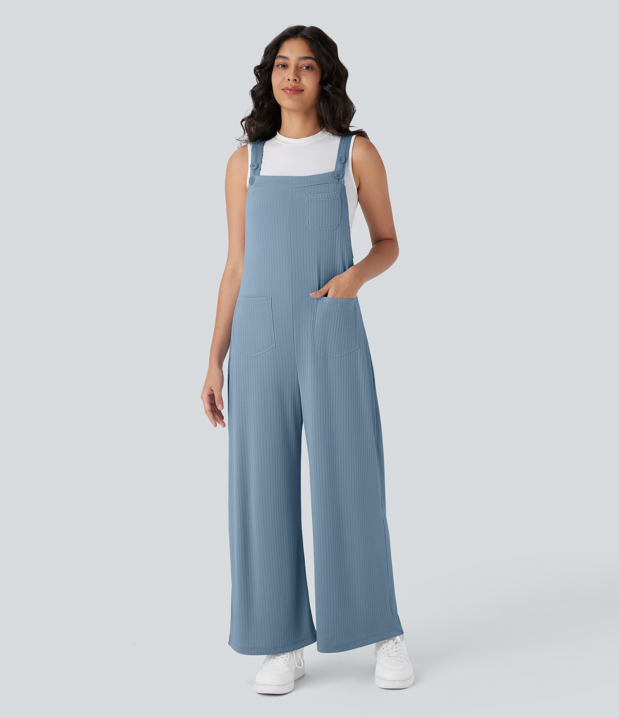 Ribbed Knit Pockets Wide Leg Casual Overalls