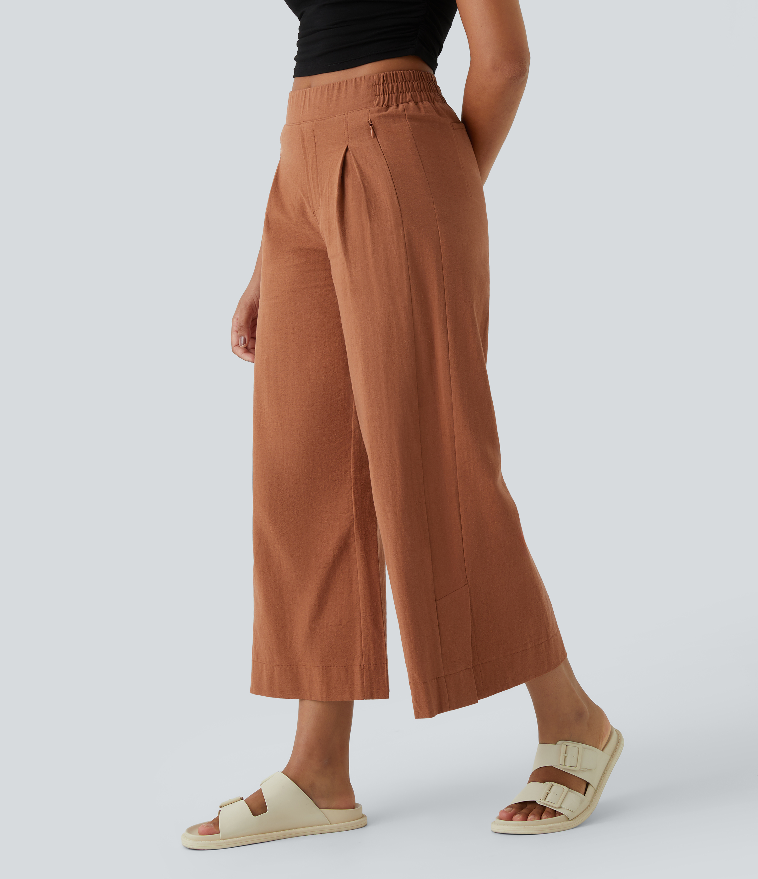 High Waisted Pockets Hem Wide Leg Palazzo Capri Casual Linen-Feel Pants