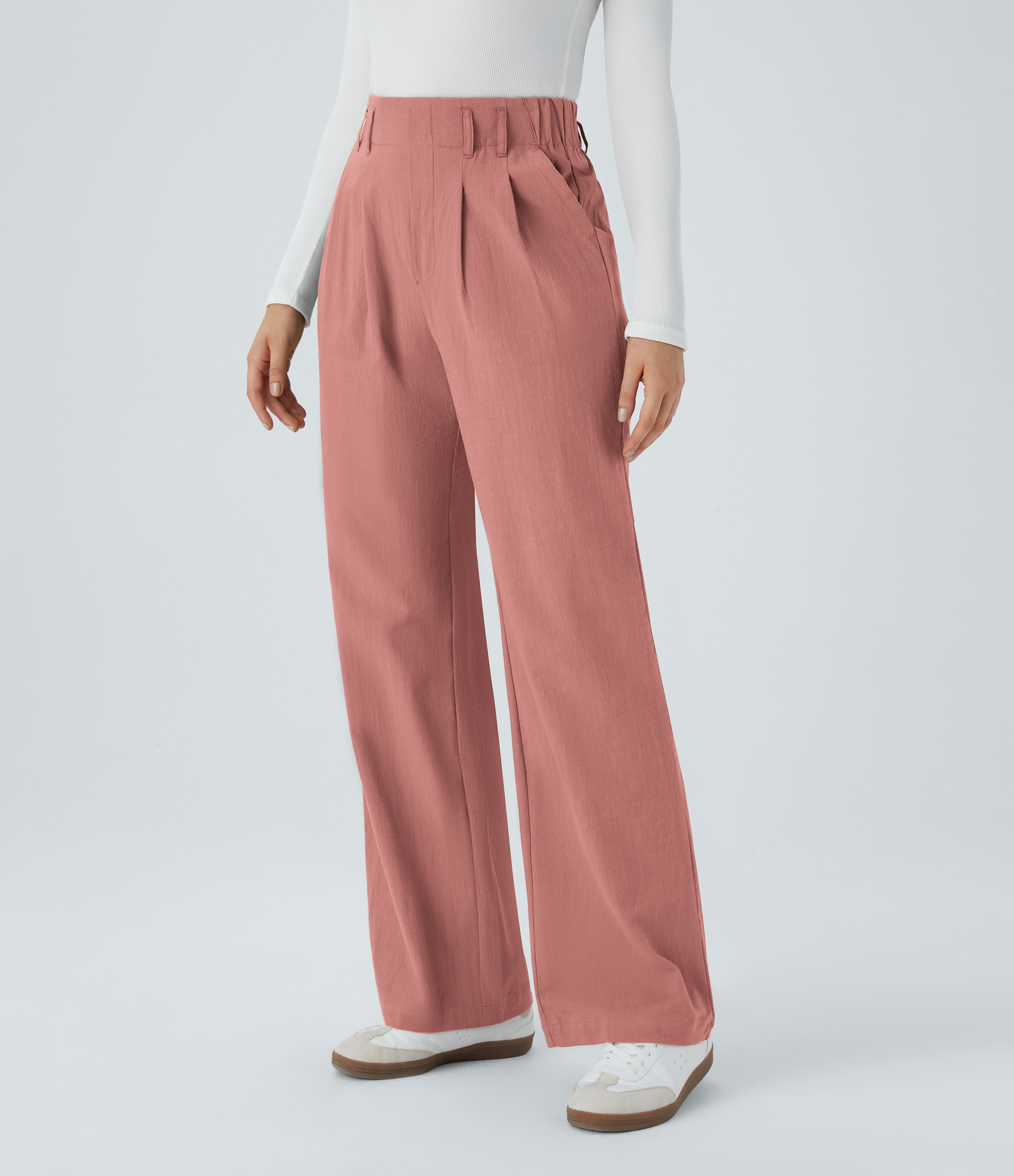 Lässige Hose mit hohem Bund, Seitentaschen und weitem Bein - leinenähnliches Material