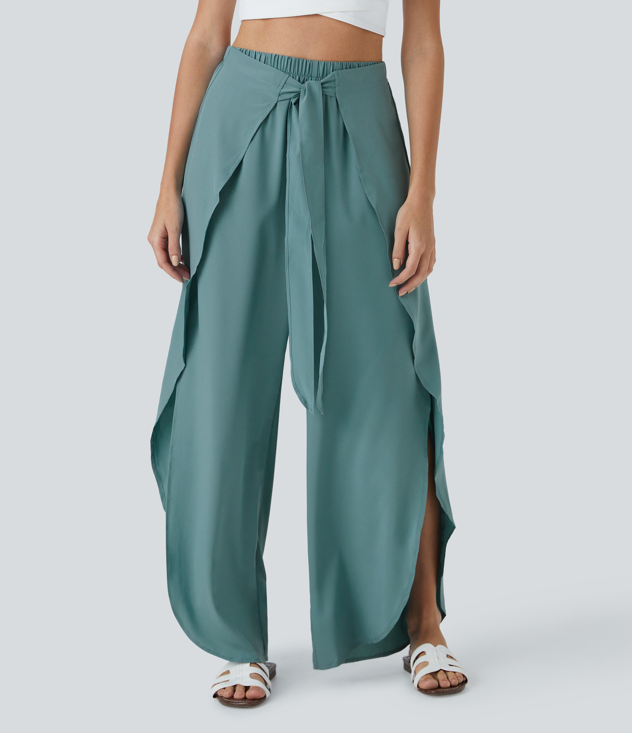 Tnnzeet Wide Leg Pants Women Capri Pants Potany Women's Casual Wide Leg Palazzo Pants High Waist Tie Knot Summer Flowy Beach Work Trousers Lounge Pants With Pockets Beach Pants For Women Chiffon