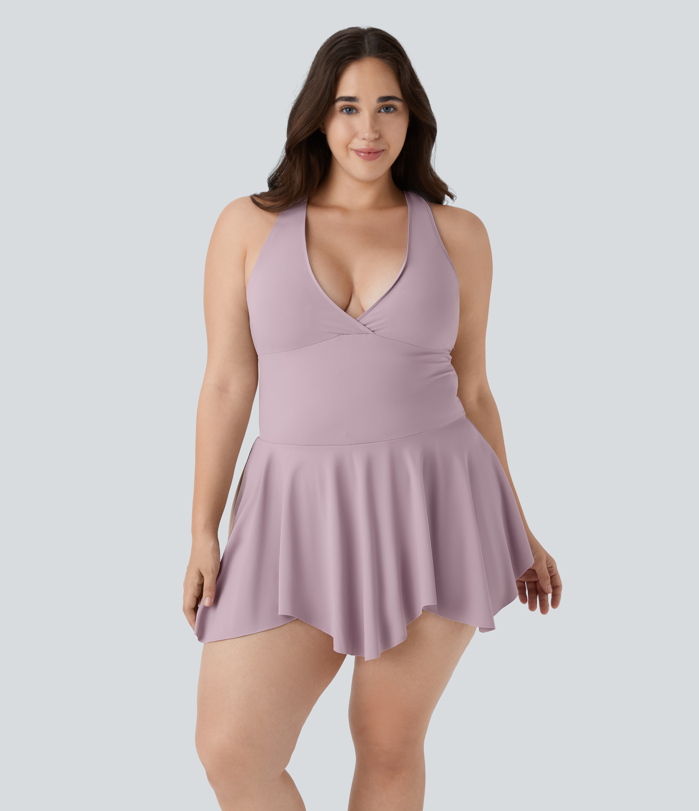 Deep V Neck Racerback Sleeveless 2-in-1 Pocket Mini Casual Plus Size Dress