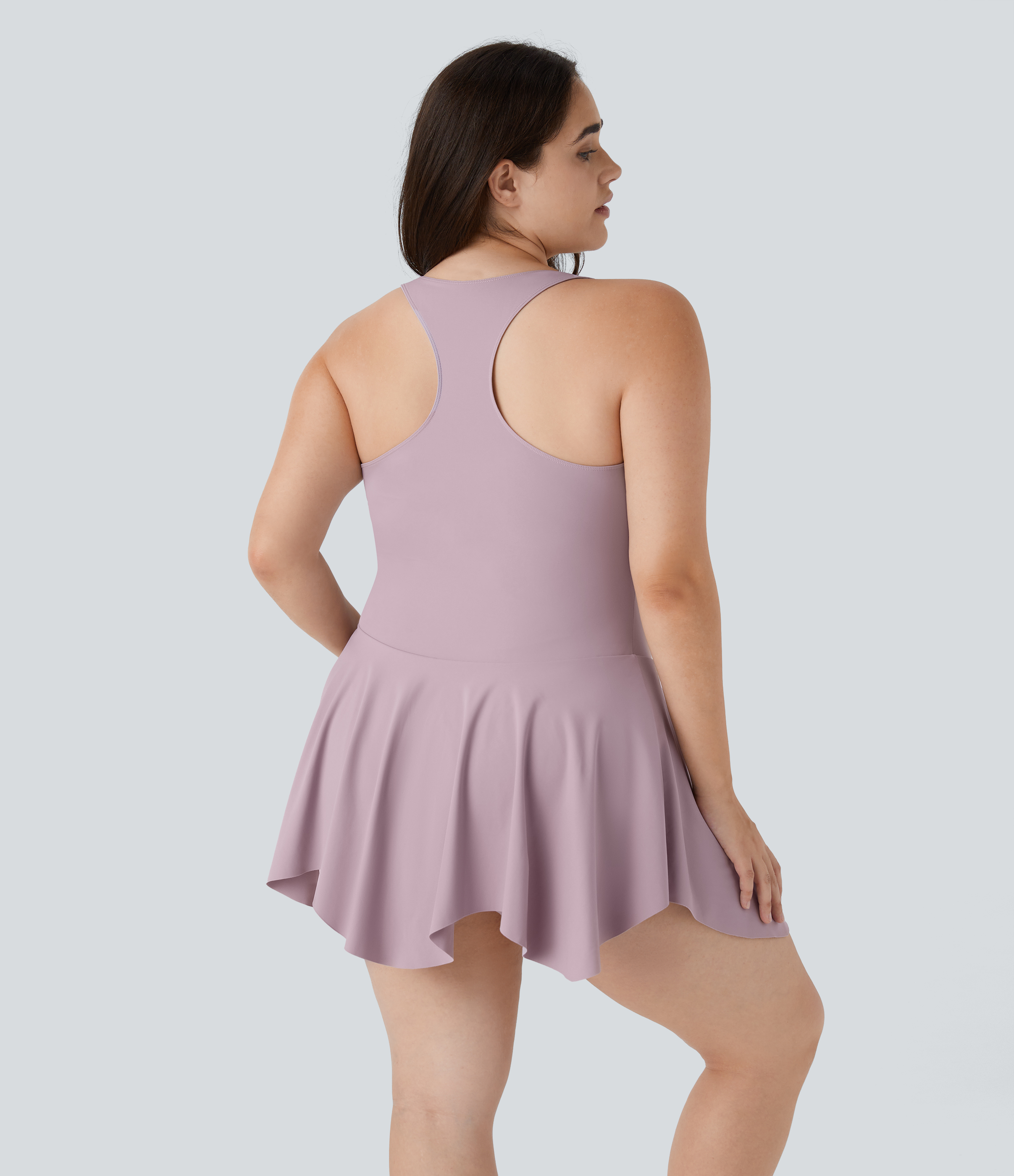 Pink Purple Mini vestido cuello en V profundo sin espalda sin mangas 2 en 1 bolsillo lateral talla plus / 2