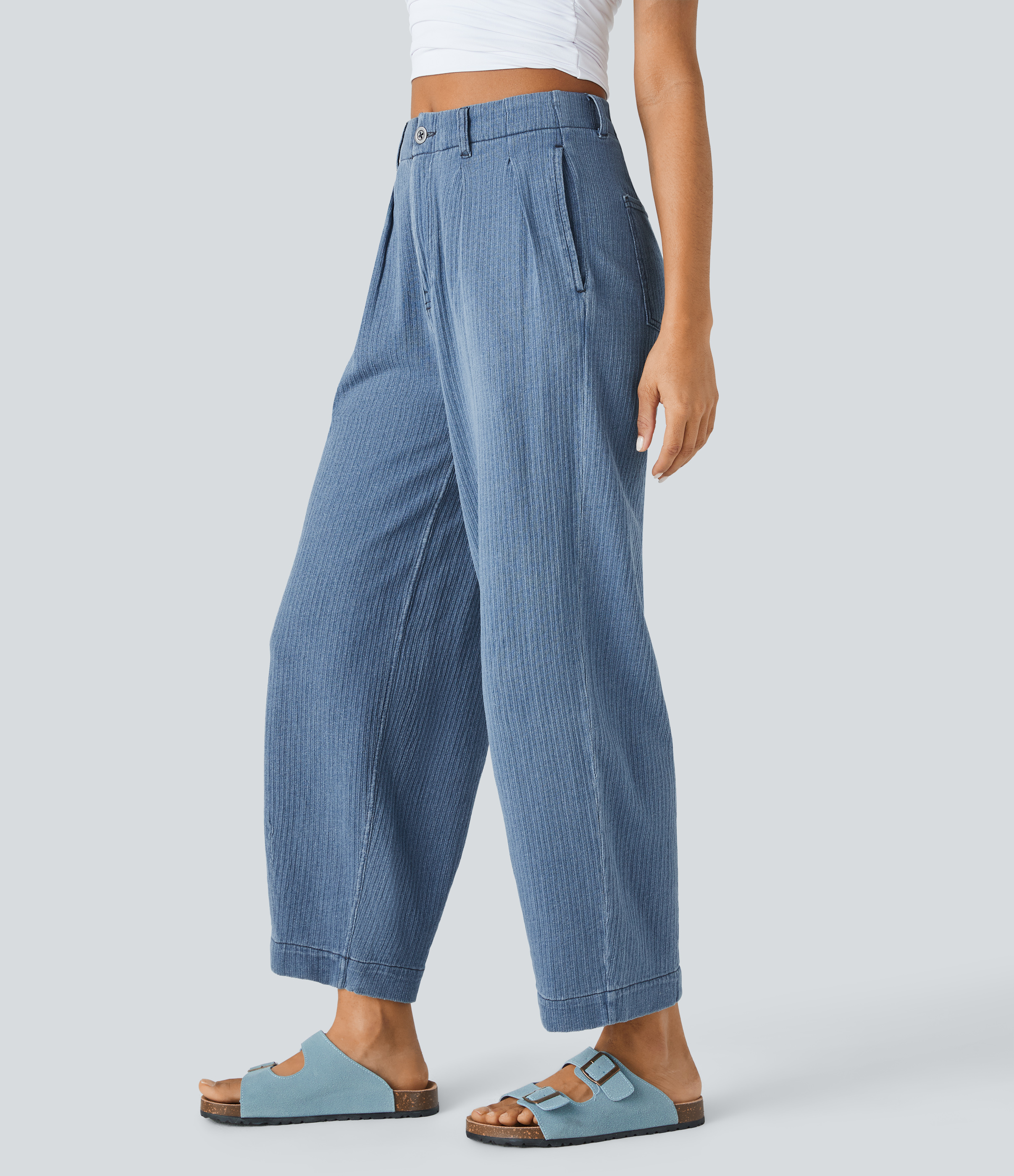 Blue Bush Denim Jeans Halara Flex™ Denim zanahoria elástico lavado pierna barril vario bolsillo tiro medio / 1