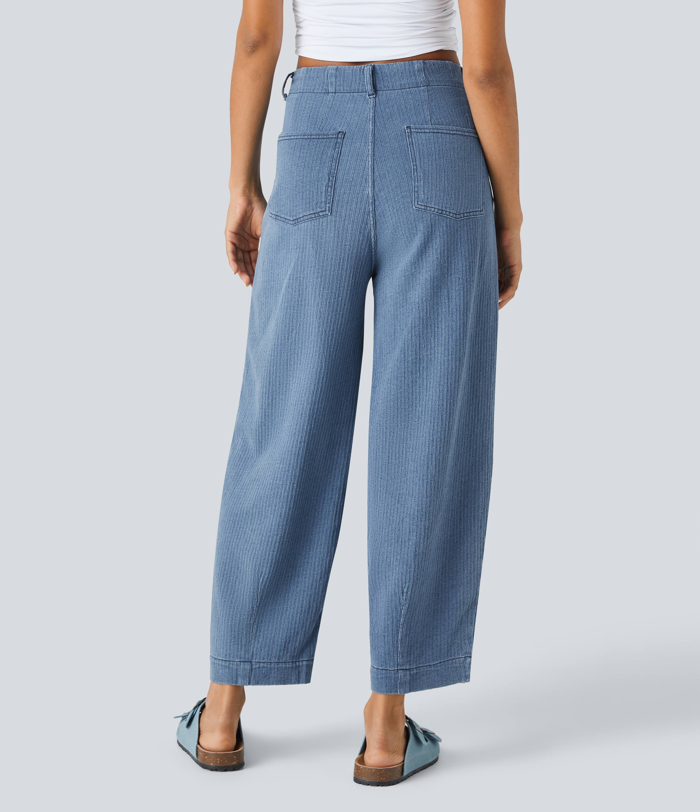 Blue Bush Denim Jeans Halara Flex™ Denim zanahoria elástico lavado pierna barril vario bolsillo tiro medio / 2