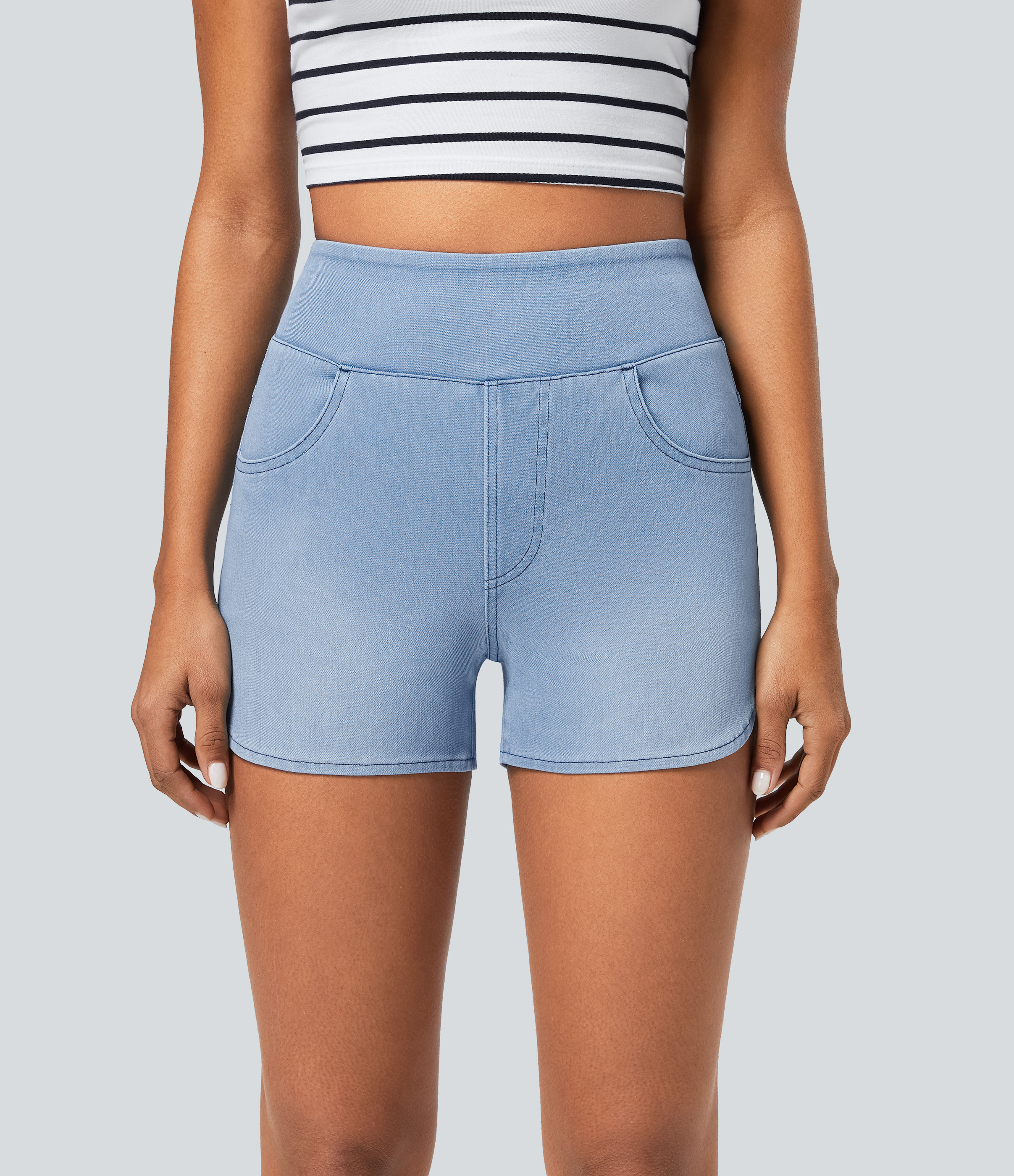 Halara Flex™ 하이 웨이스트 다중 포켓 곡선 밑단 스키니 워싱 신축성 니트 데님 캐주얼 반바지