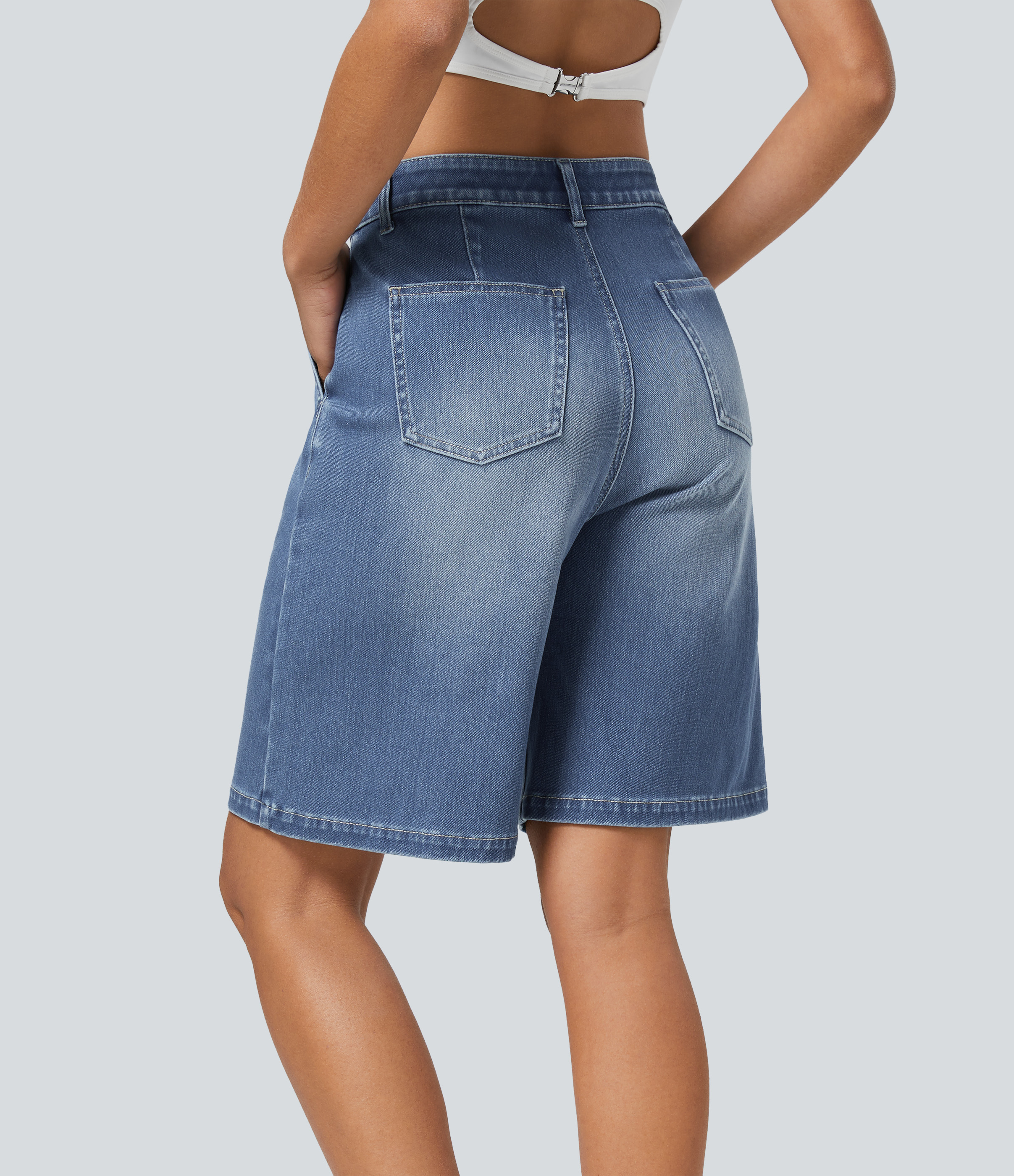 Aquamarine Denim Pantalón Corto Halara Flex™ Denim mezclilla elástica lavada múltiples bolsillos cremallera botón tiro alto / 2