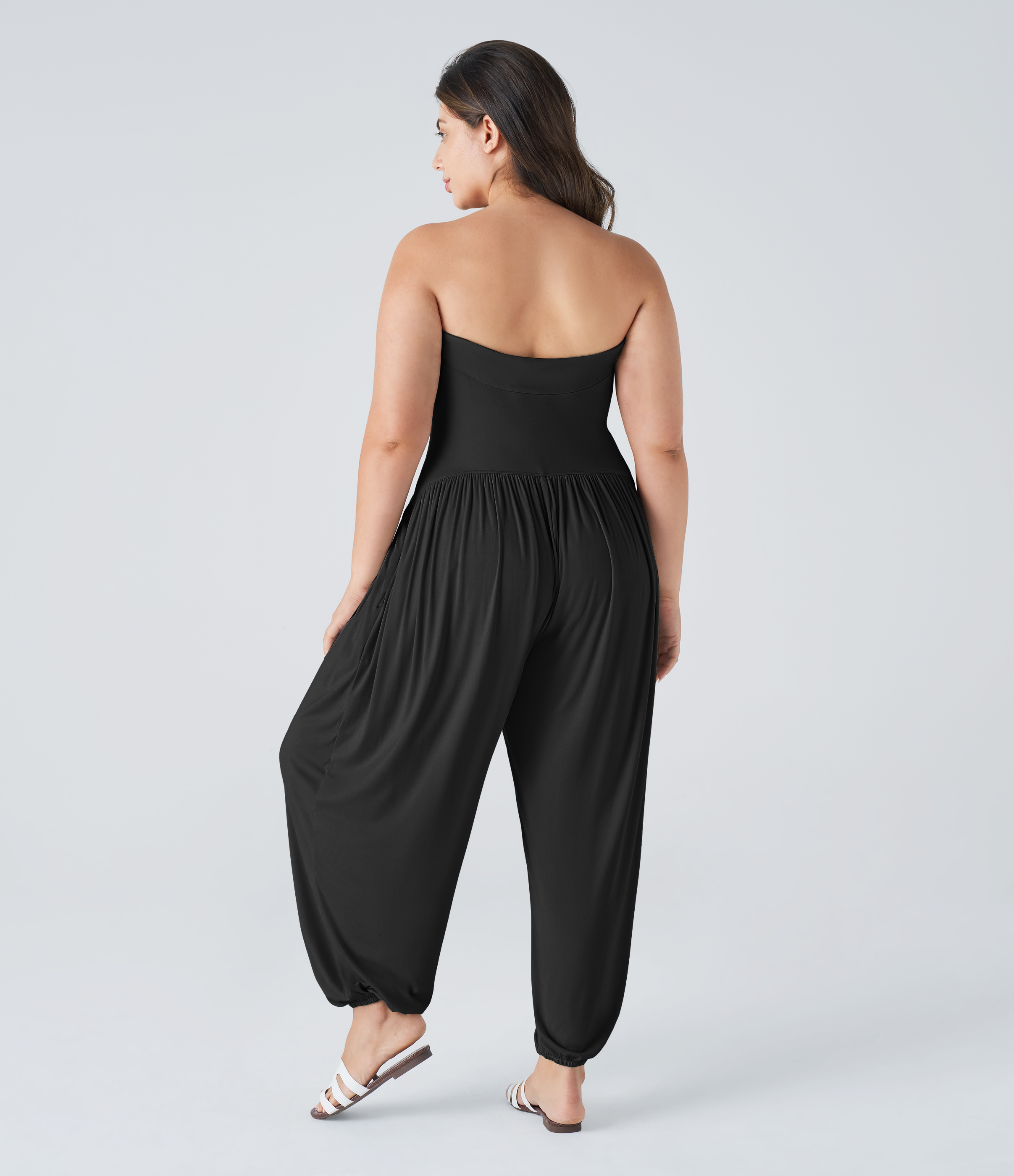 Negro Mono talla grande bolsillo lateral plisado sin espalda tubo acanalado / 2