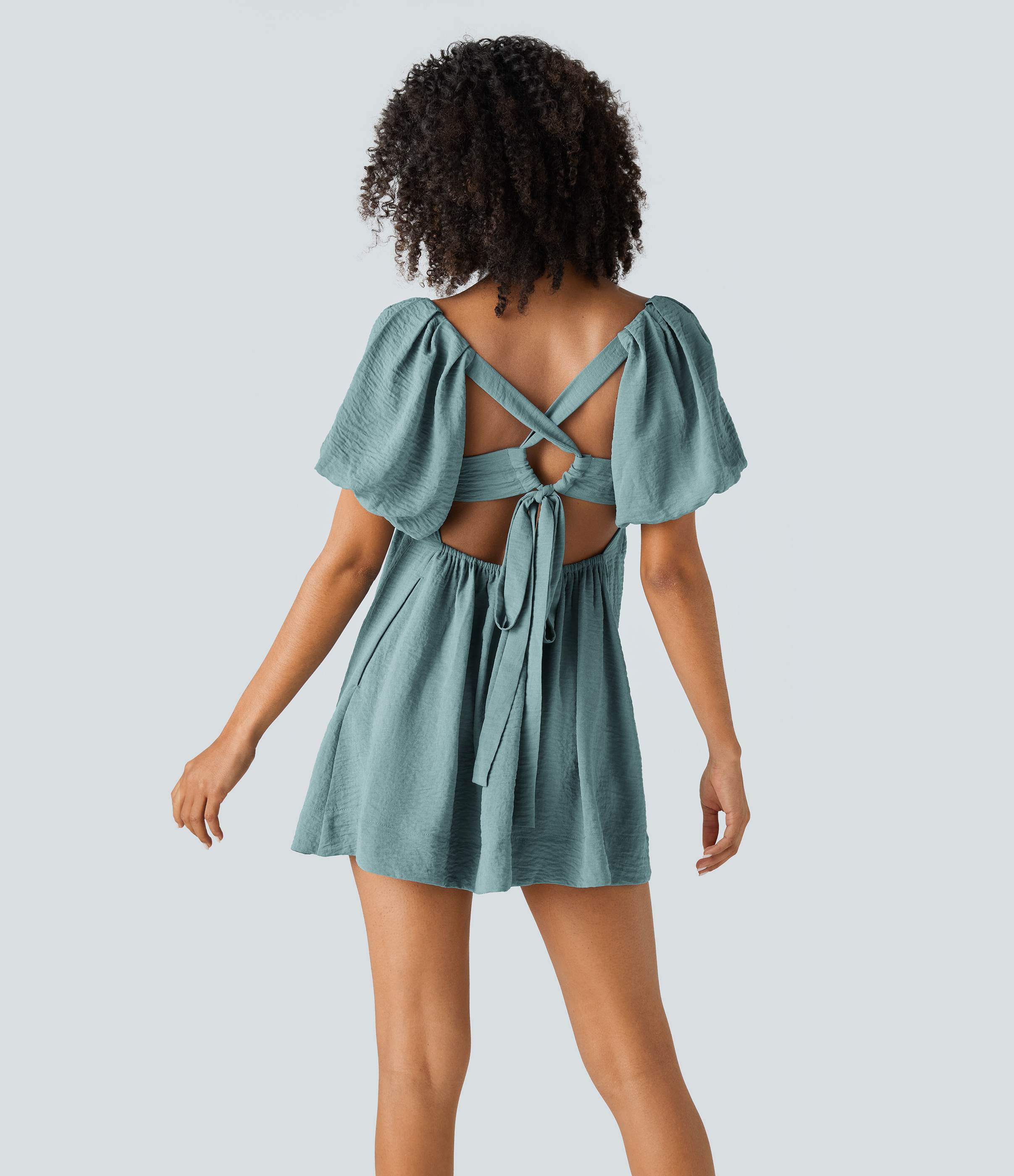 Backless, lace-up, square neck, puff sleeves, side pockets, pleated casual linen-like babydoll dress