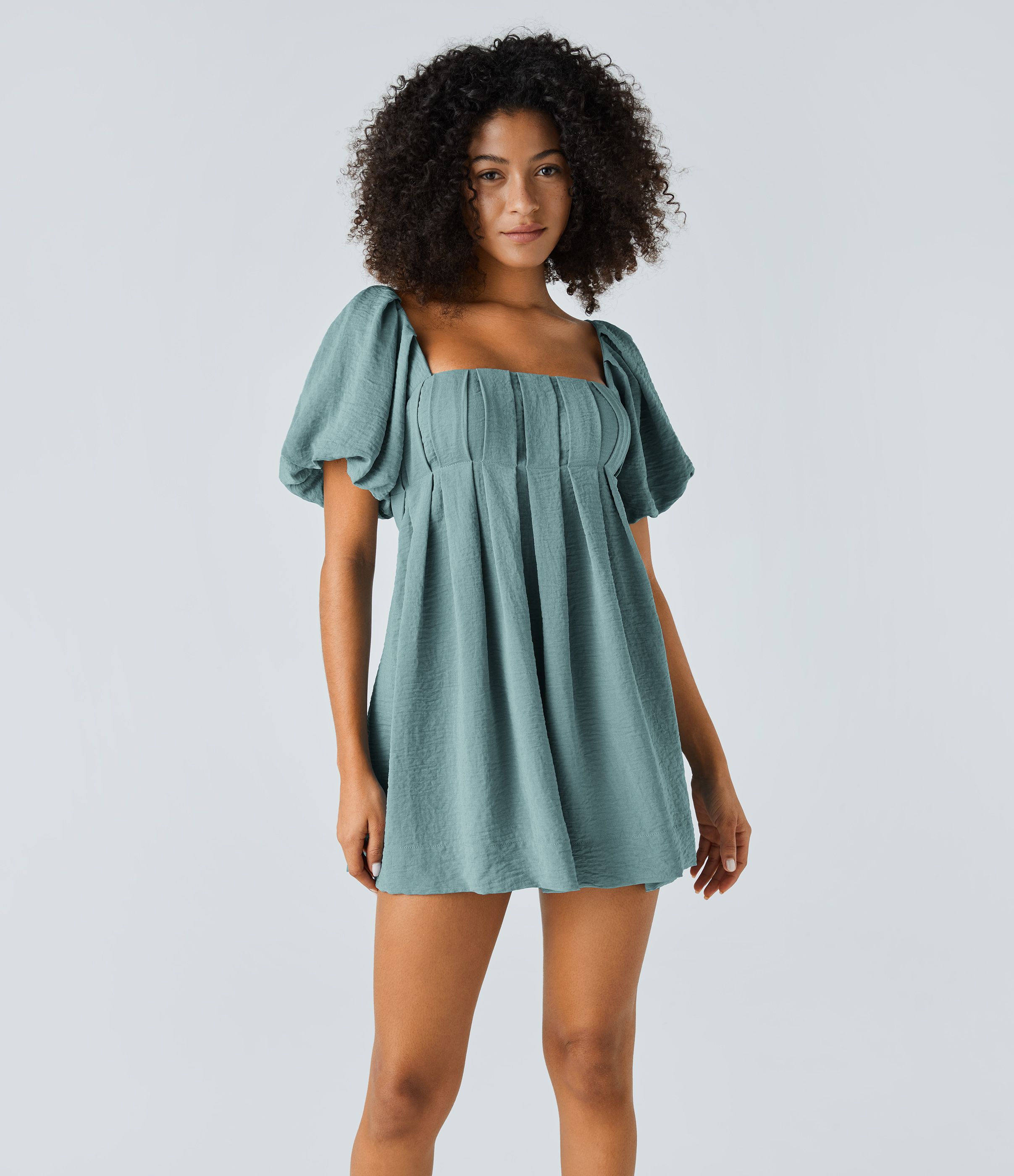 Robe Babydoll Casual Col Carré Dos Nu avec Lacets Manches Bouffantes Poches Latérales et Effet Lin