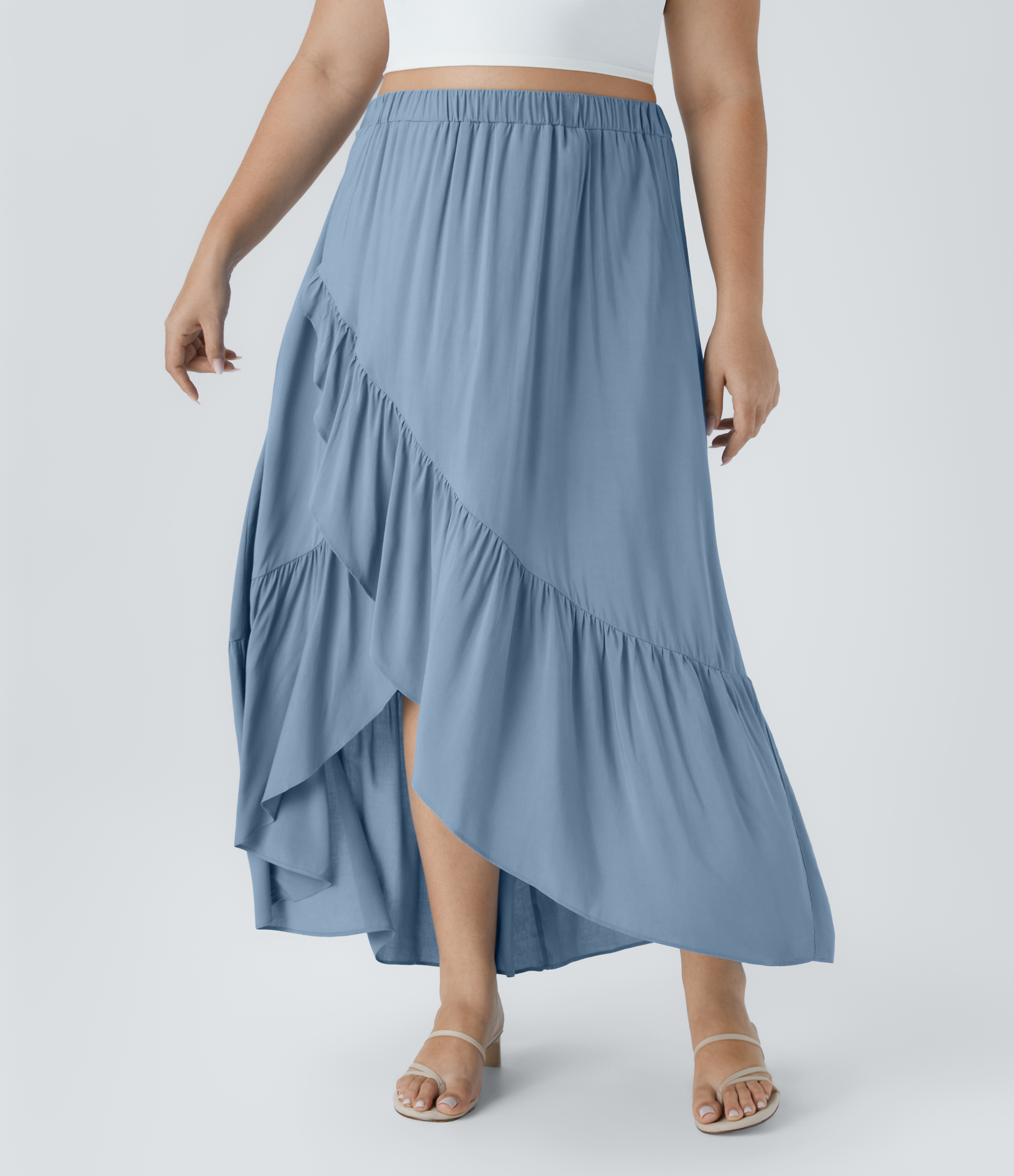 LILYCHIC Women's Flowy High Waisted Midi Skirt - Ruffle Hem, High-Low A-Line, Bohemian Style