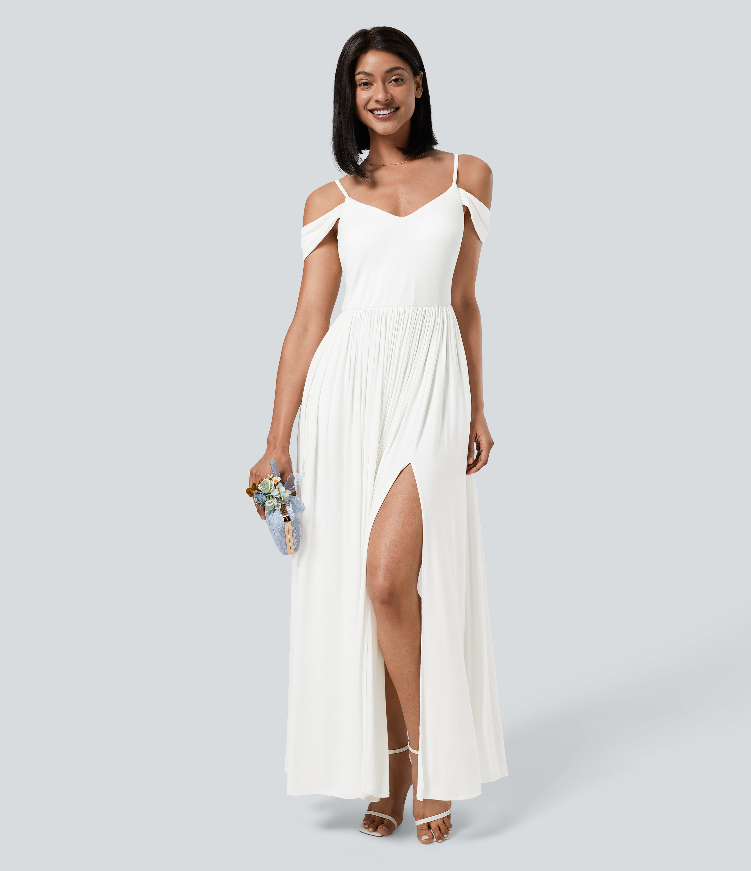 Blanc Robe maxi ample côtelée à épaules dénudées avec poches / 1