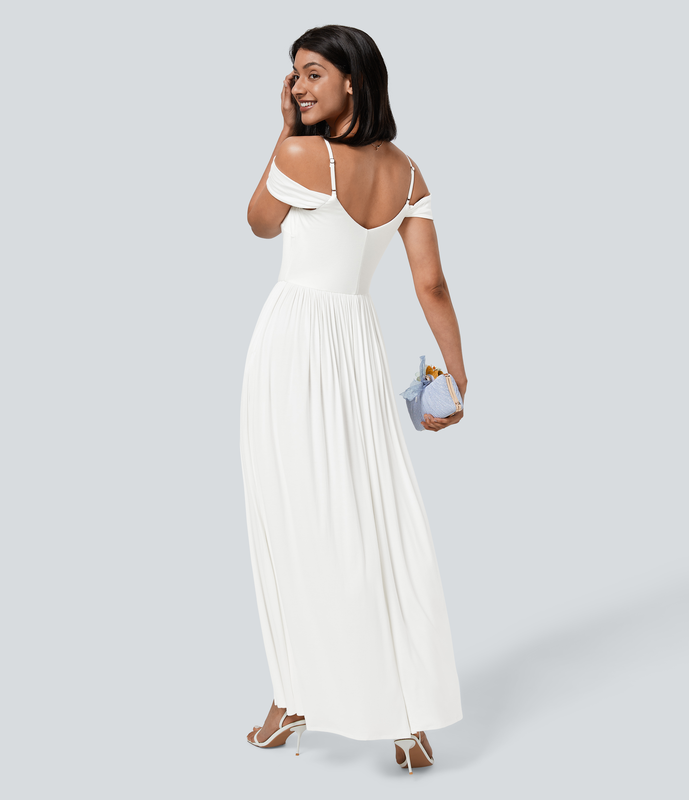 Blanc Robe maxi ample côtelée à épaules dénudées avec poches / 2