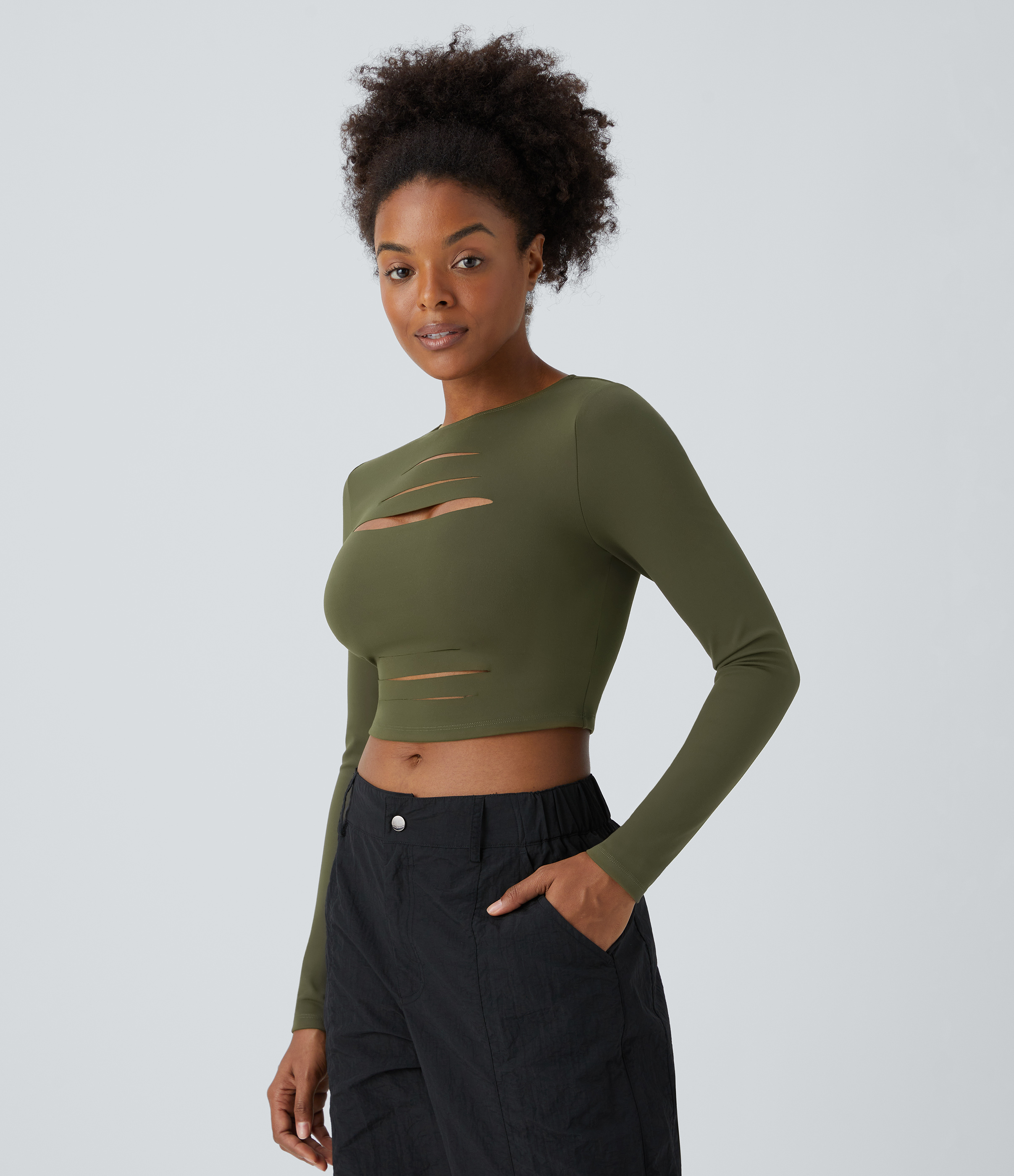 Forest Night Top casual corto y ajustado de manga larga con cuello redondo y efecto rasgado / 2
