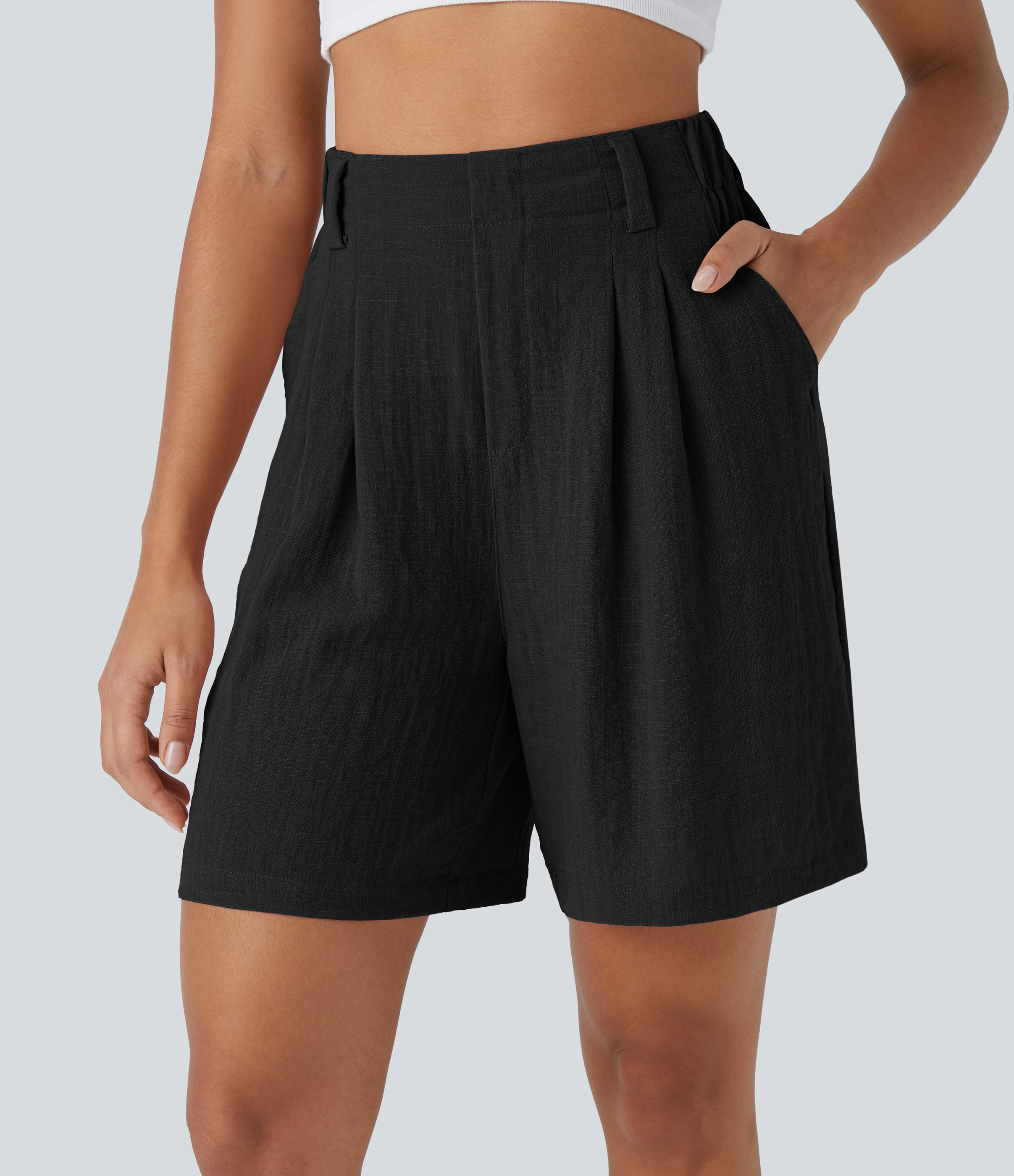 Bermudas casuales anchas con tacto de lino de tiro alto, bolsillo lateral plisado