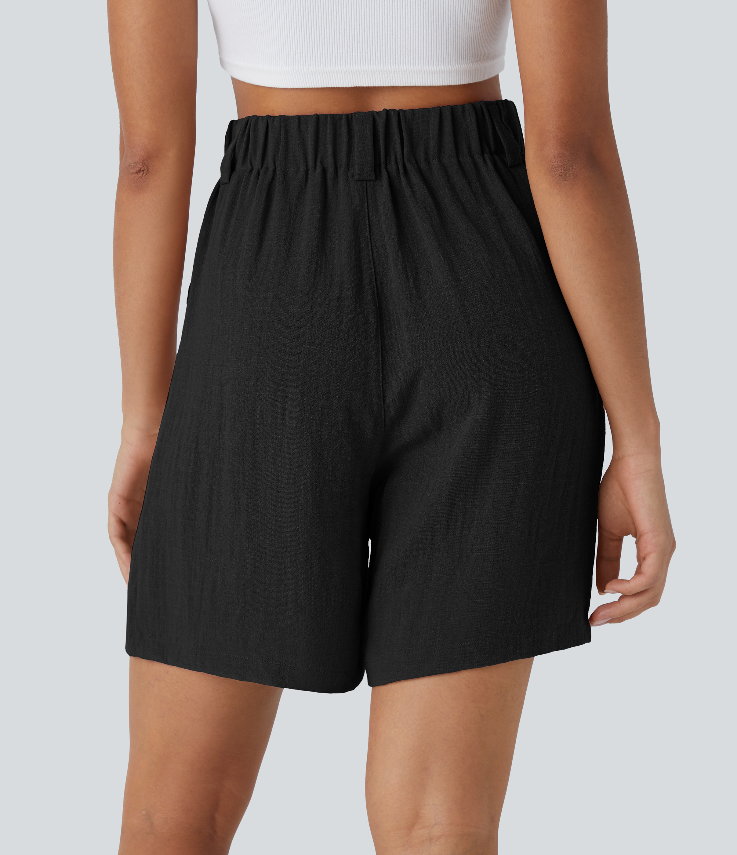 Negro Bermudas casuales anchas con tacto de lino de tiro alto, bolsillo lateral plisado / 2