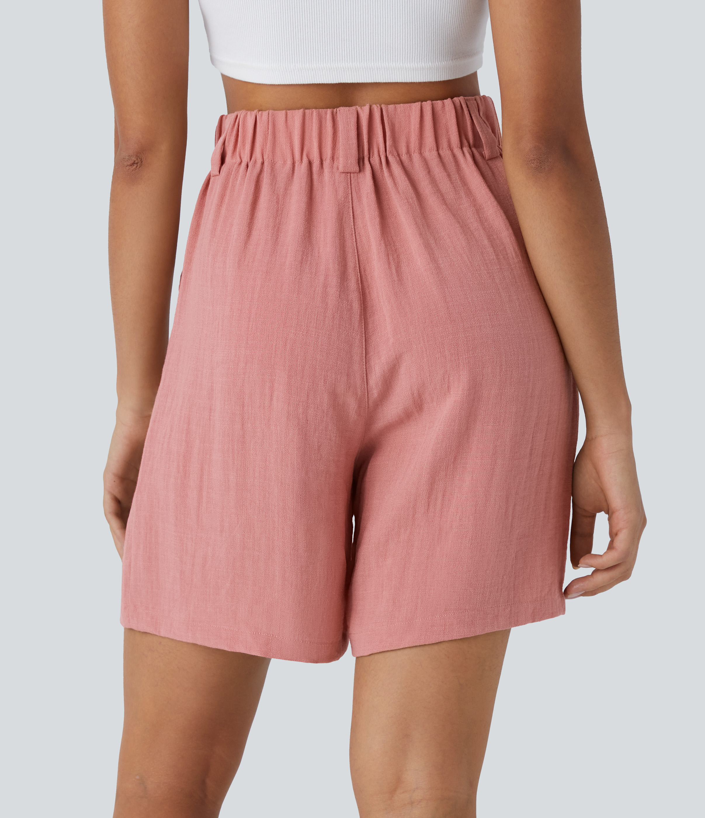 Rosette High Waisted Pocket Wide Leg Casual Linen-Feel Bermuda Shorts / 2