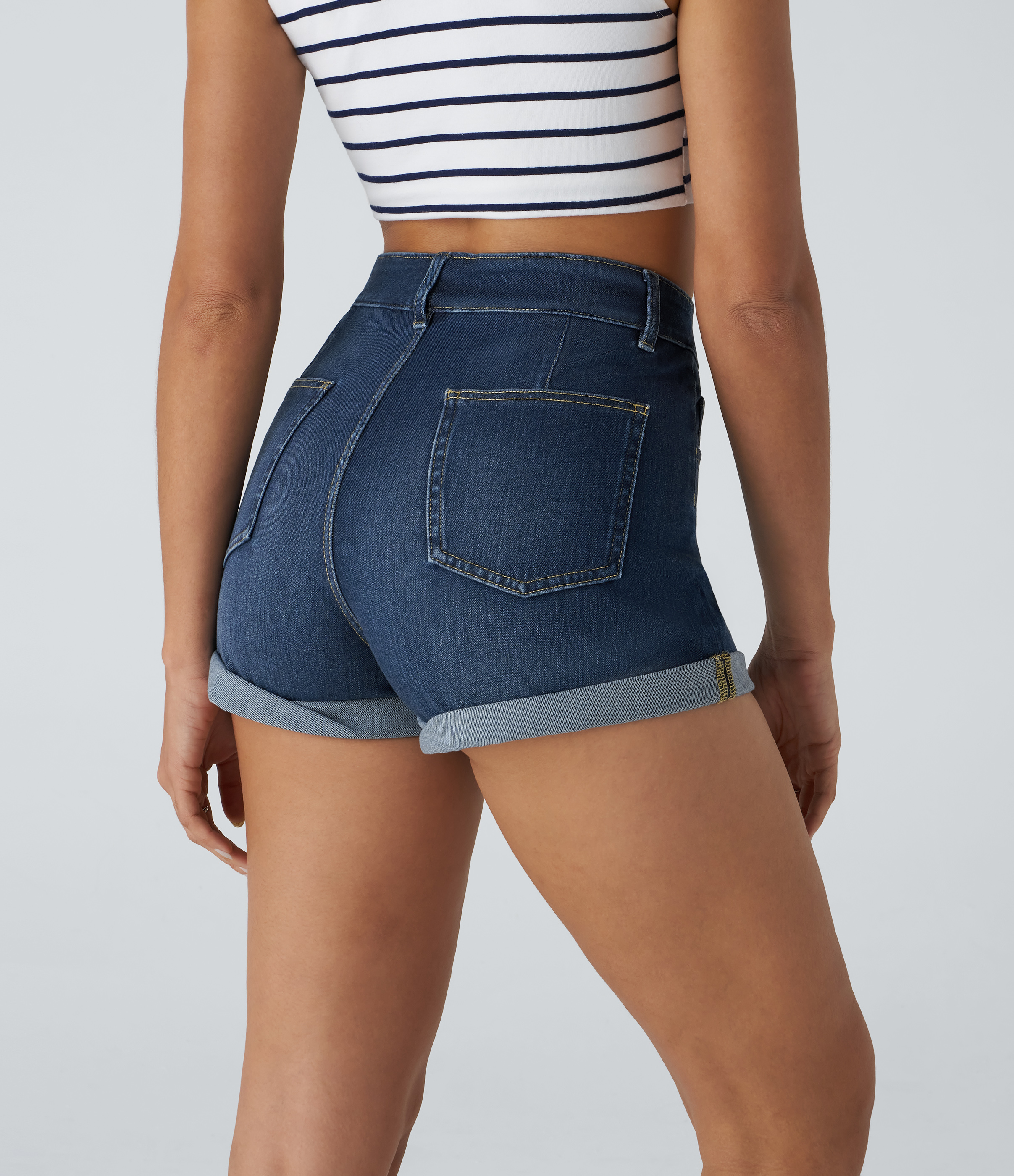 Light Ink Blue Denim Halara Flex™ High Waisted Pockets Rolled Hem Washed Denim Casual Shorts / 2