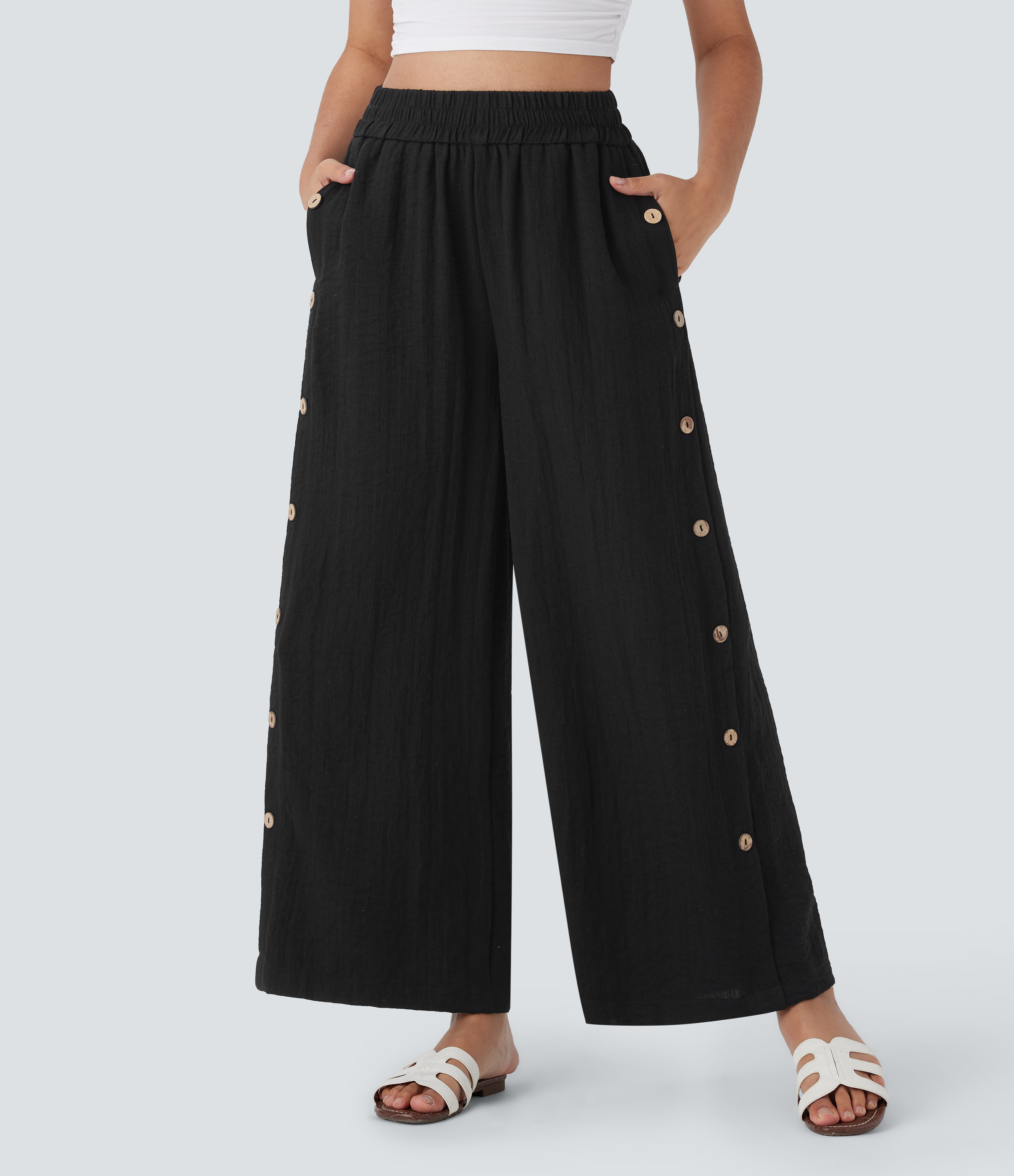 Pantalon Casual 7/8 Jambe Large Taille Haute avec Poches Latérales et Boutons Décoratifs