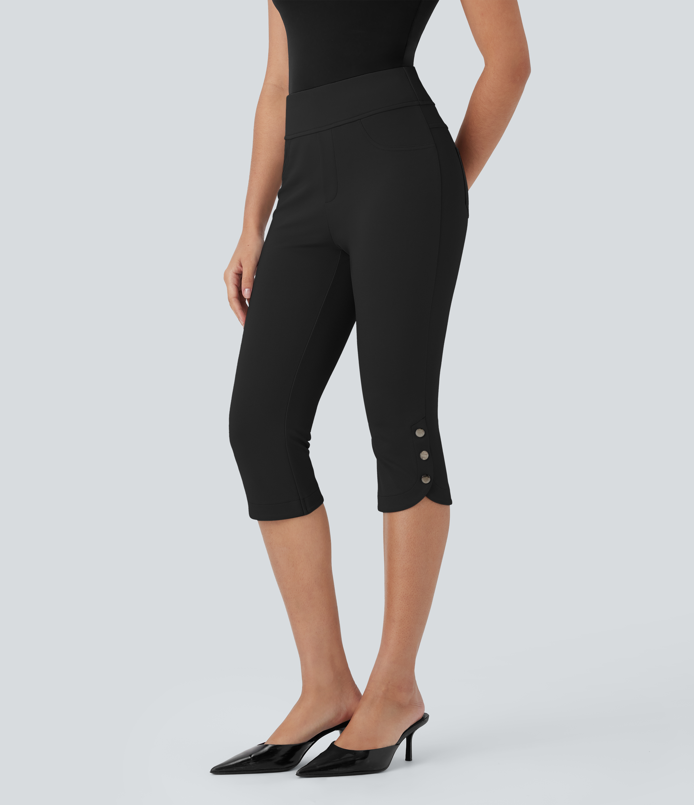 High Waisted Pocket Snap Work Pedal Pusher Pants