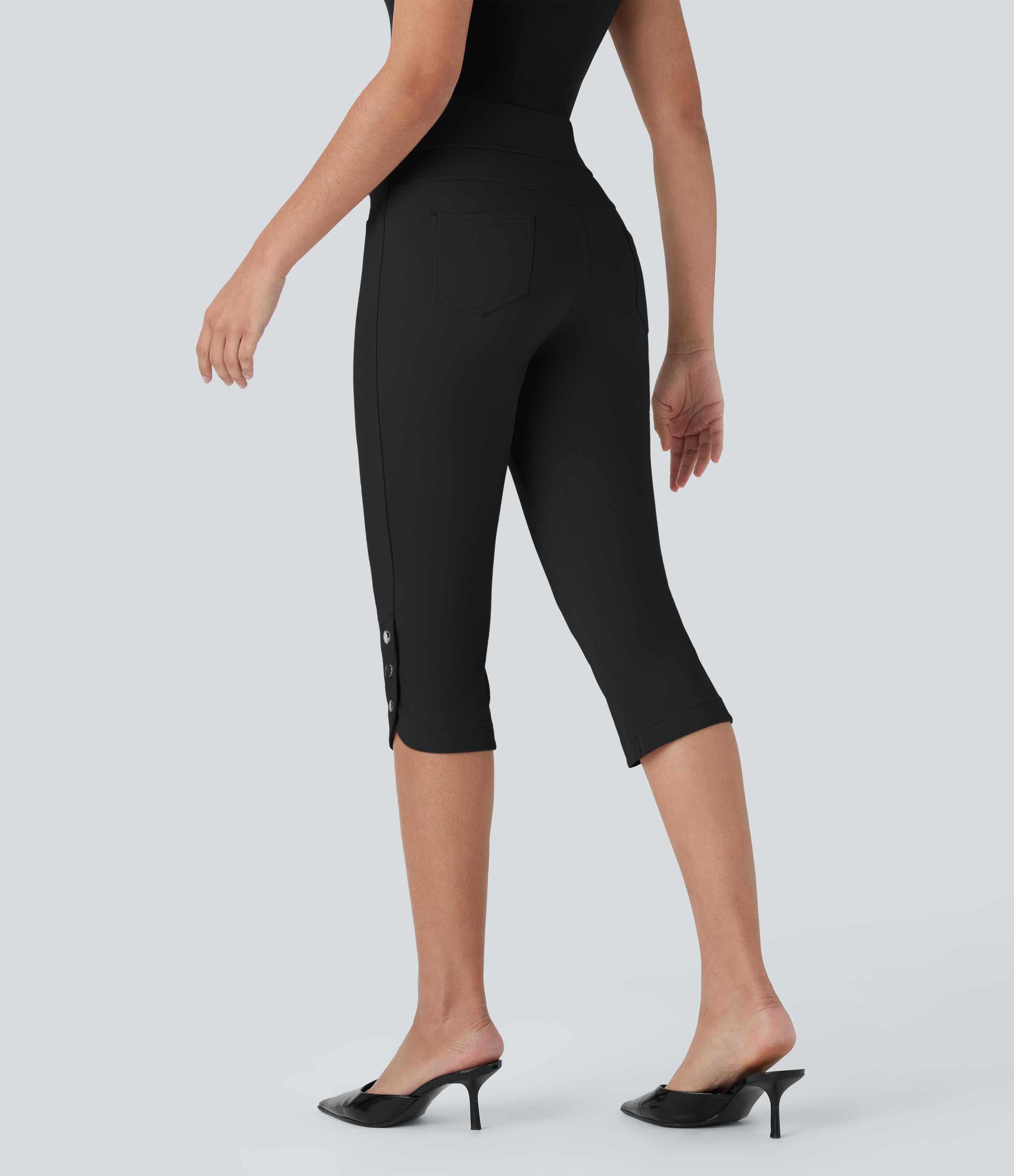Negro Pantalón oficina tiro alto botón presión bolsillo trasero / 2