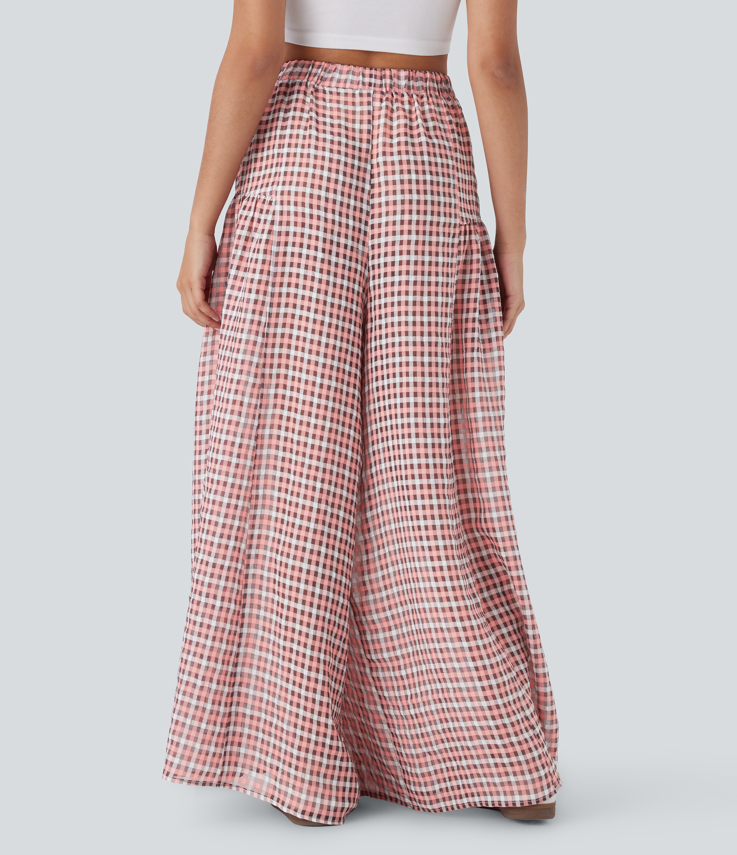 Pink White Gradient Plaid Pantalón cuadro holgado pierna ancha bolsillo lateral tiro alto / 2
