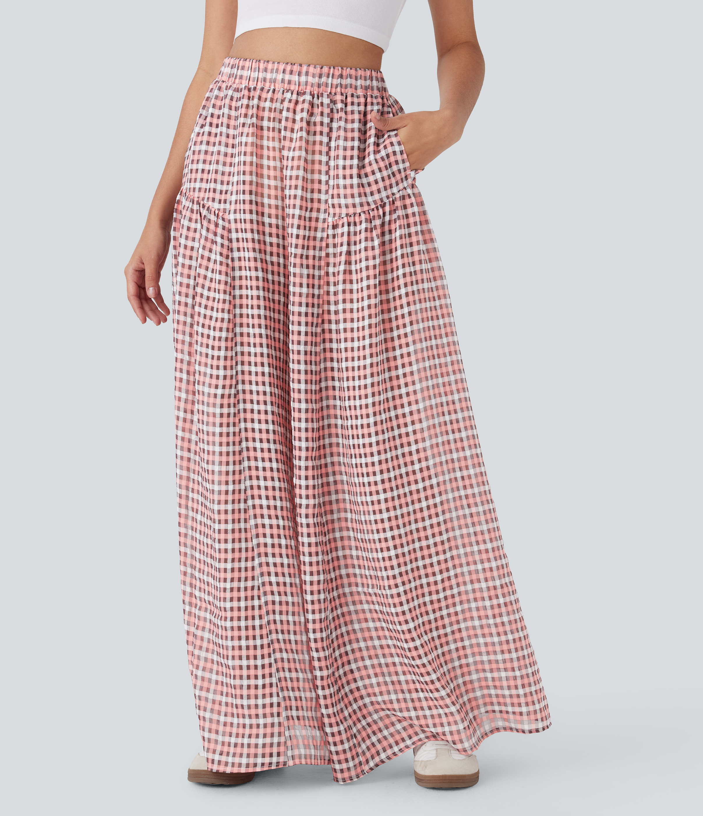 High Waisted Pocket Wide Leg Flowy Plaid Casual Pants