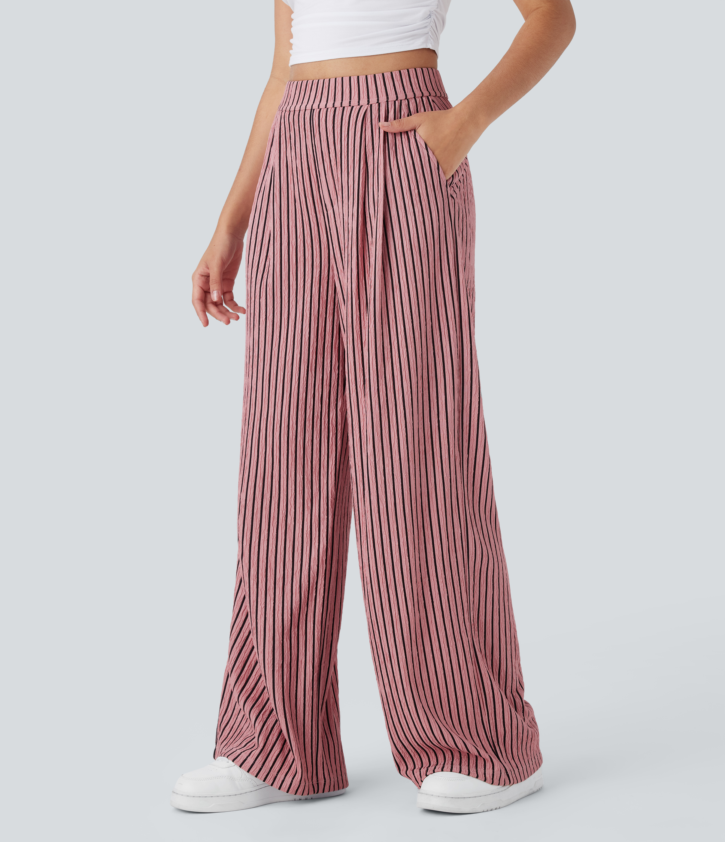 Candy Pink Black Stripes Pantalón pierna ancha raya bolsillo lateral tiro alto / 1