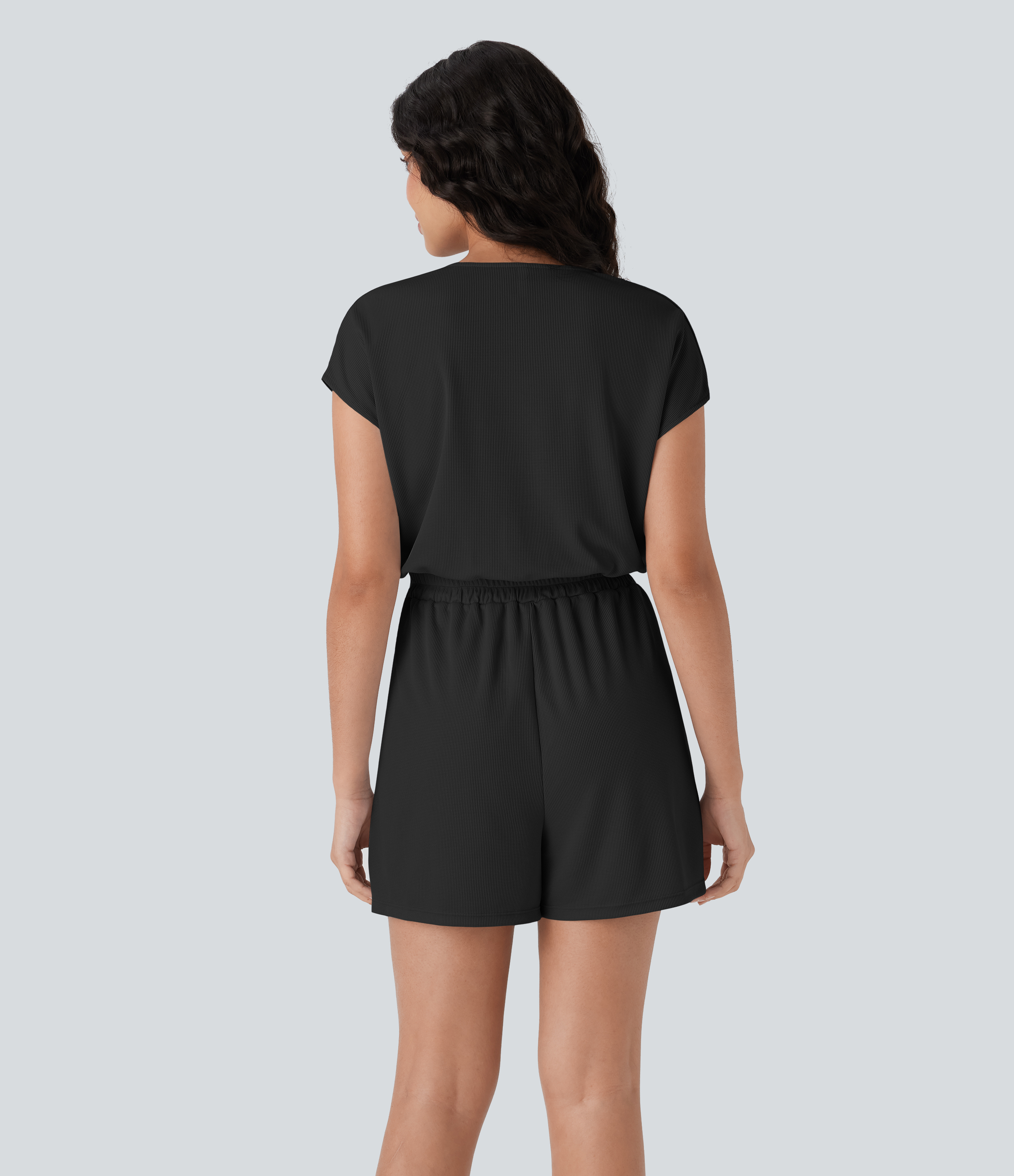 Black V Neck Short Sleeve Pocket Waffle Casual Romper-Easy Peezy Edition / 2