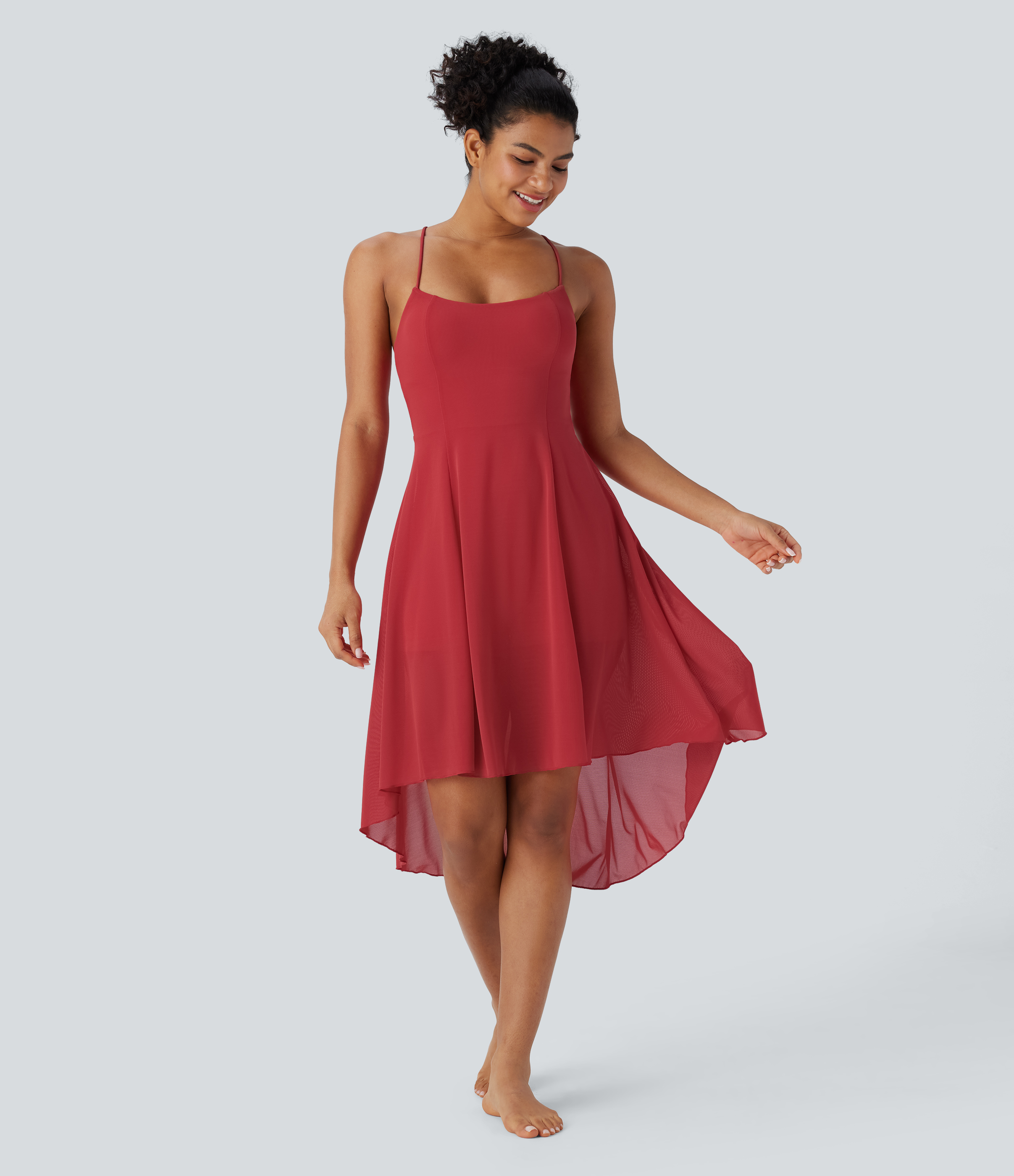Samba Vestido Midi activo fluido baile sin espalda encaje 2 en 1 bolsillo malla contrastante alto bajo / 2