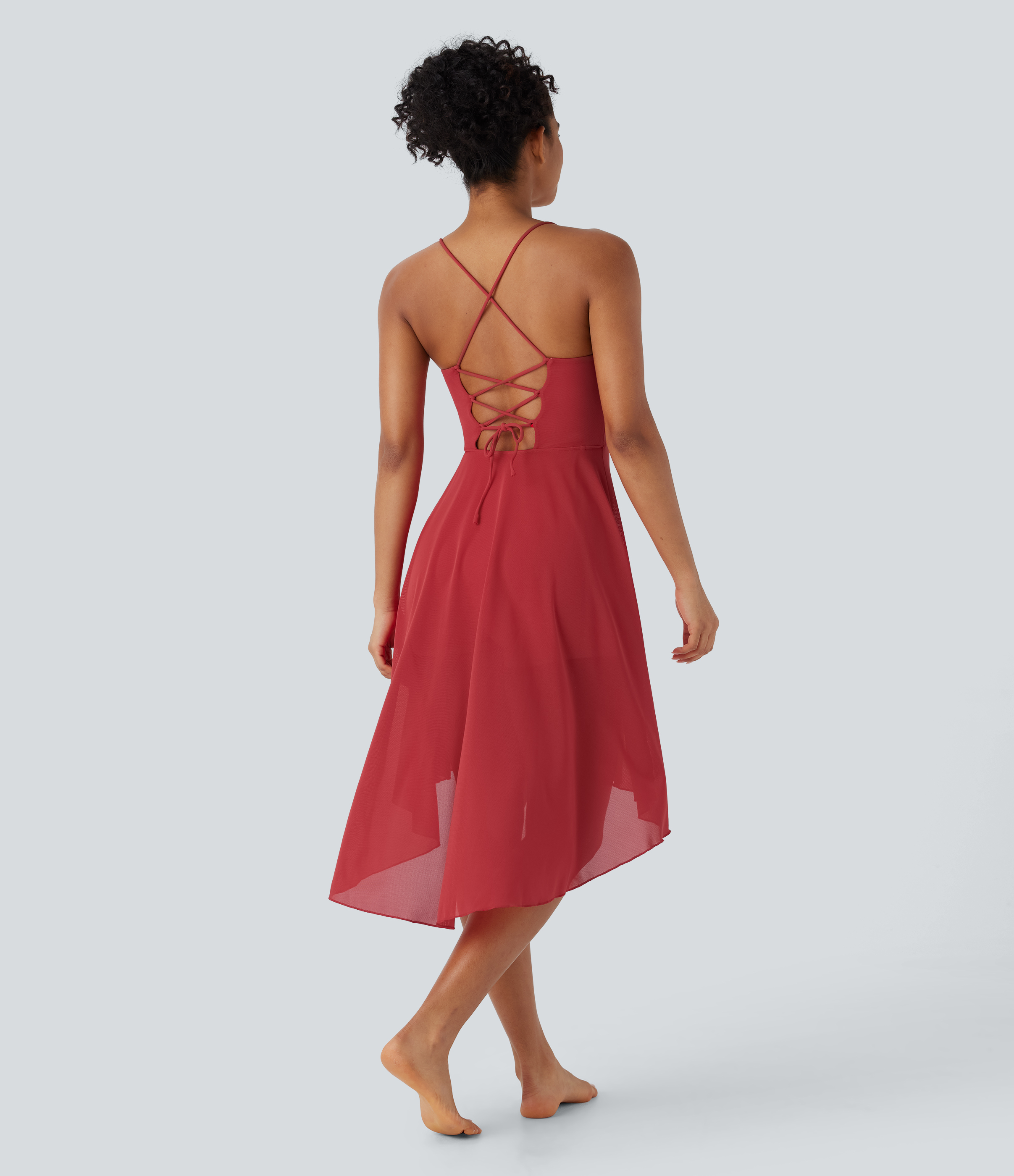 Robe active de danse midi fluide à dos nu avec lacets, 2-en-1, poche, ourlet asymétrique et maille contrastée
