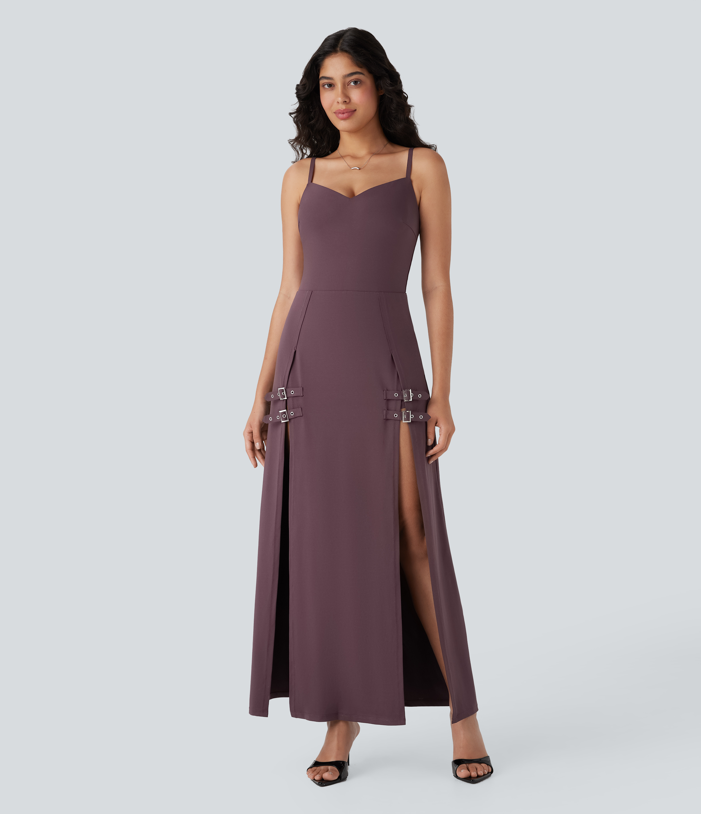 Robe longue de soirée à bretelles réglables, dos nu, 2-en-1 avec fente et boucle