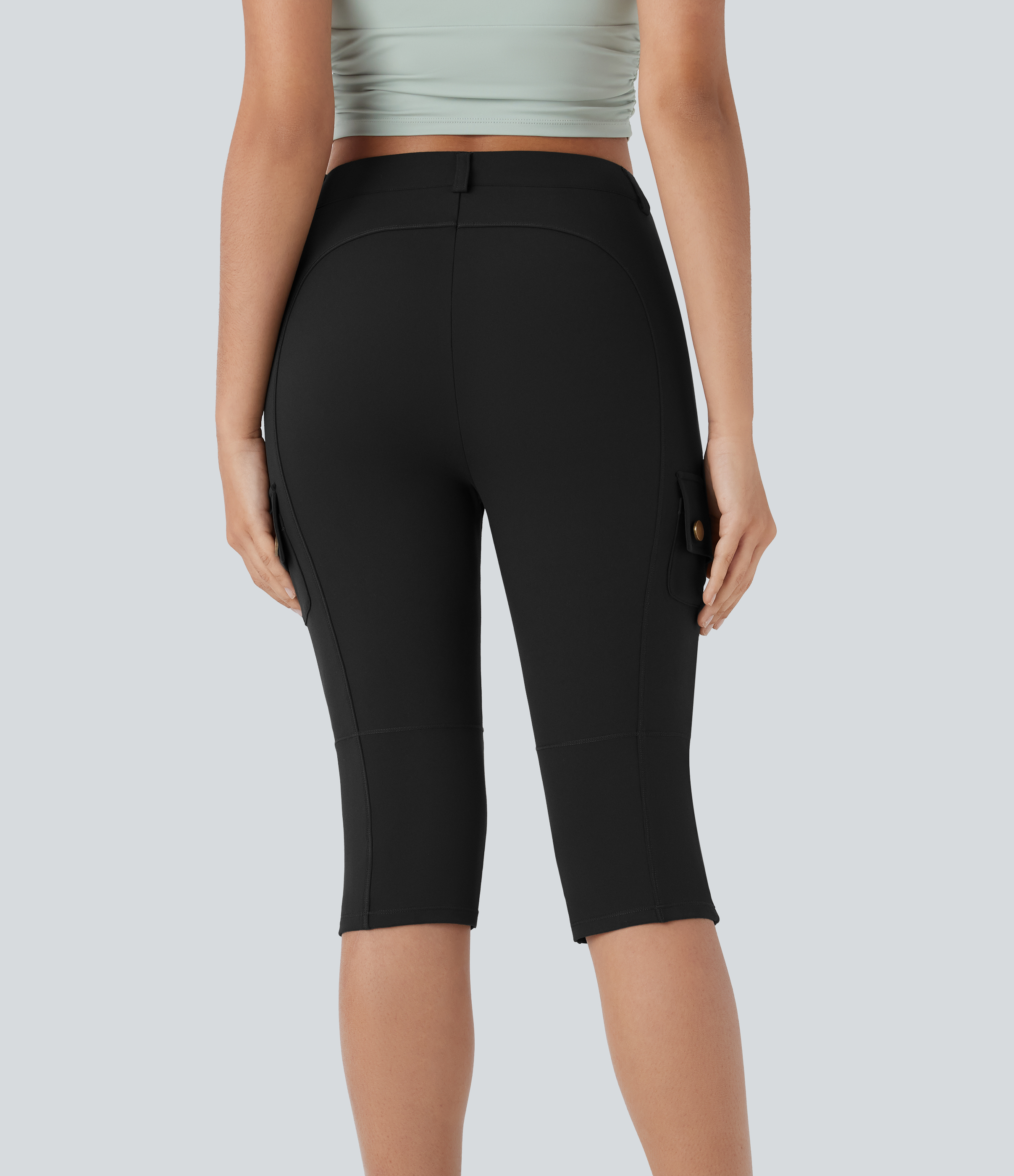 Negro Pantalón cargo ajustado tiro alto cremallera botón múltiple bolsillo bolsillo lateral / 2