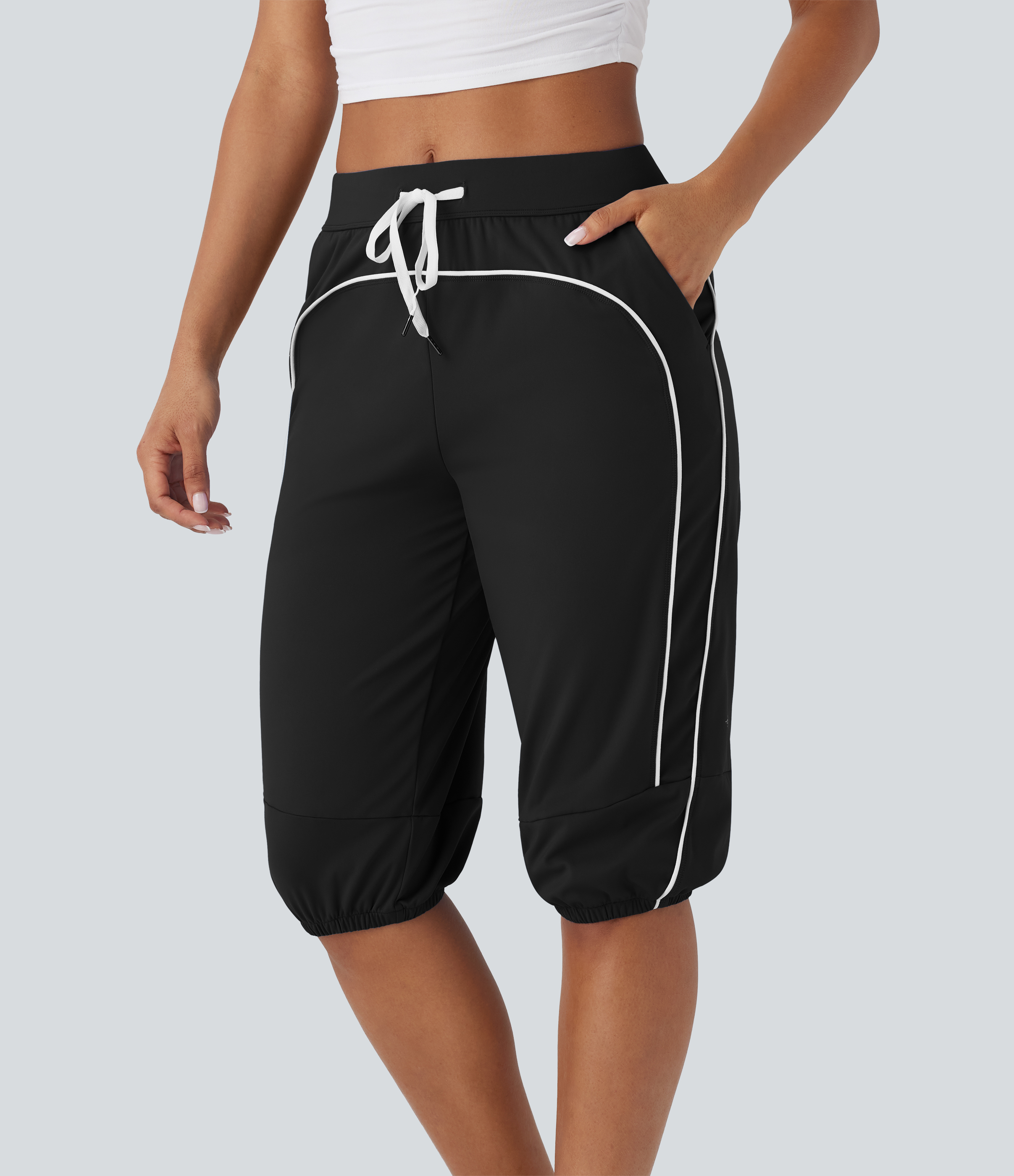 SoftlyZero™ Airy Mid Rise Drawstring Pocket Color Block Contrast Binding InstantCool Dance Pedal Pusher Joggers