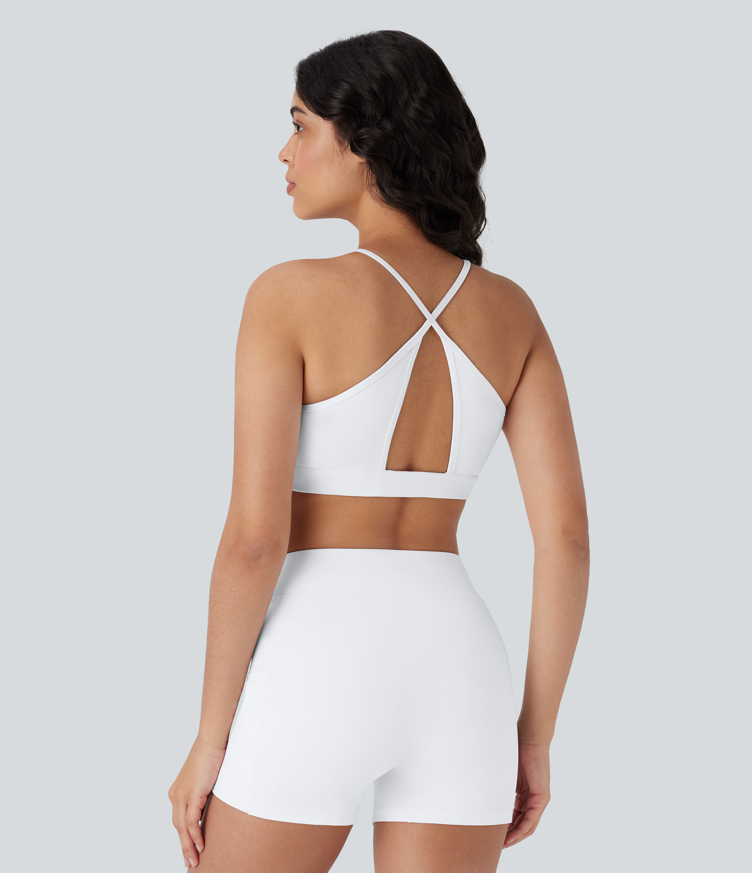 White Sujetador Softlyzero™ Airy deportivo bajo soporte halter sin espalda abertura entrecruzada malla contrastante tacto fresco yoga - UPF50+ / 2