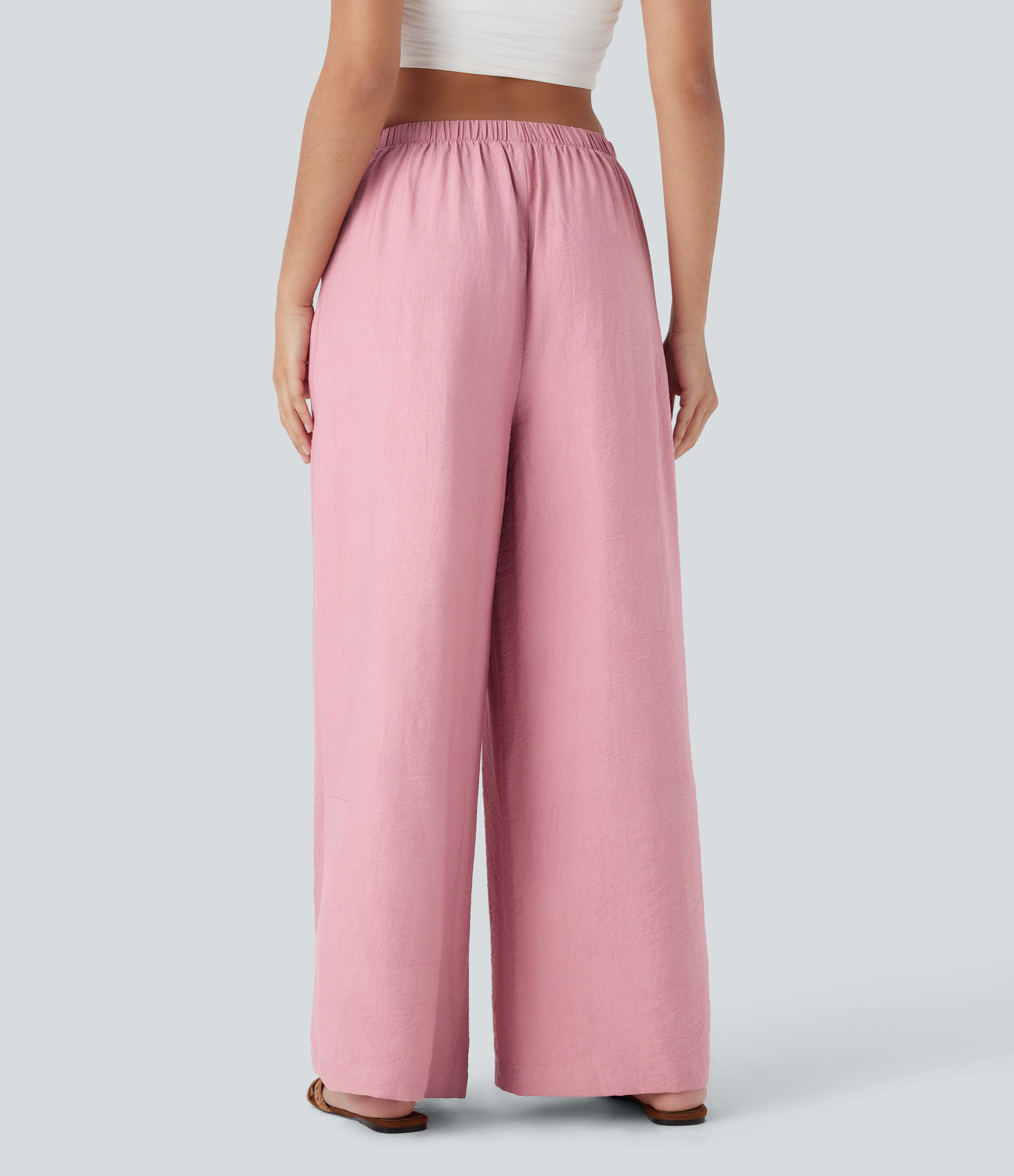 Rose Tan Mittelhoch geschnittene weite Beinlässige Hose mit Taschen / 2