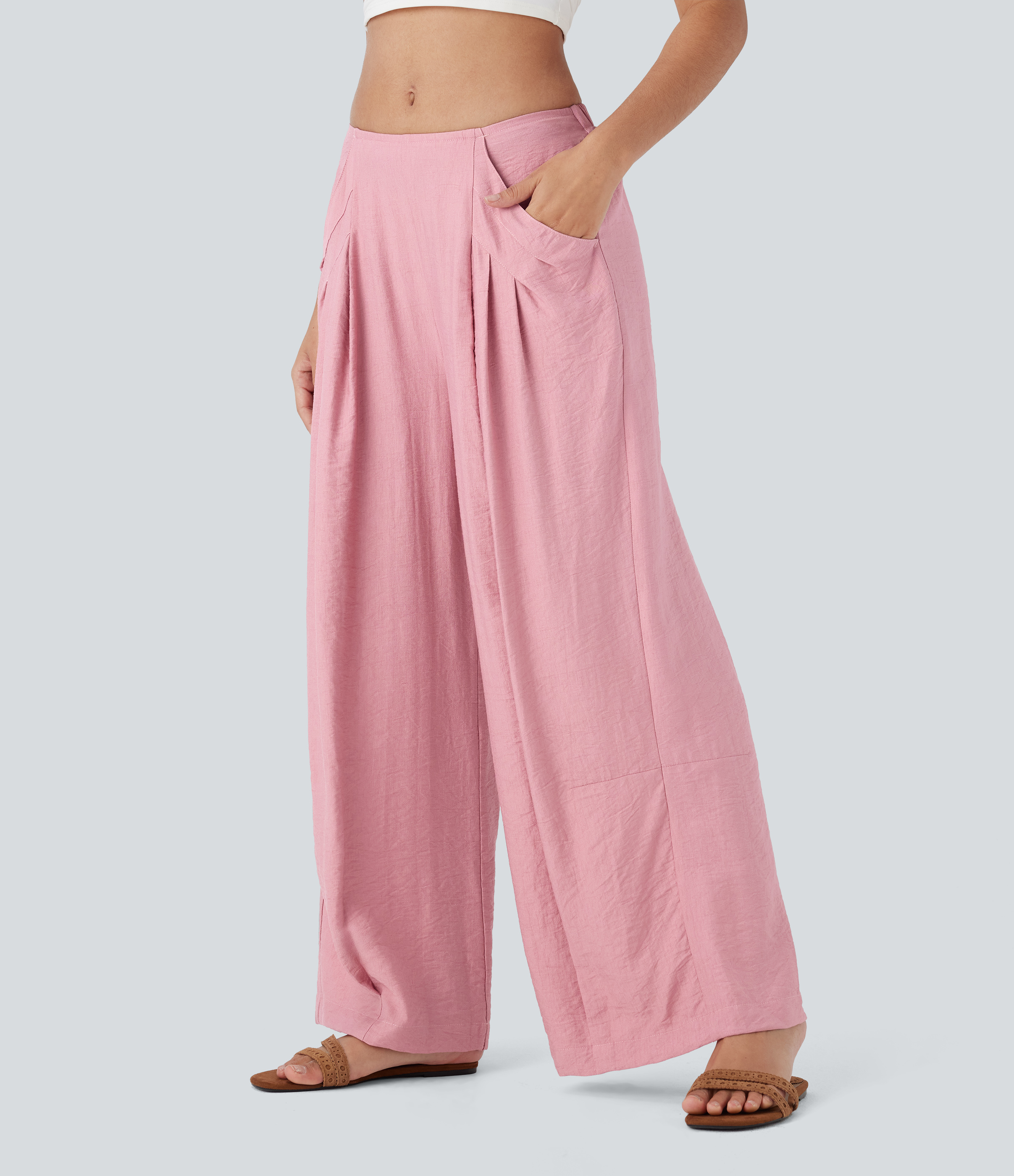 Rose Tan Mittelhoch geschnittene weite Beinlässige Hose mit Taschen / 1