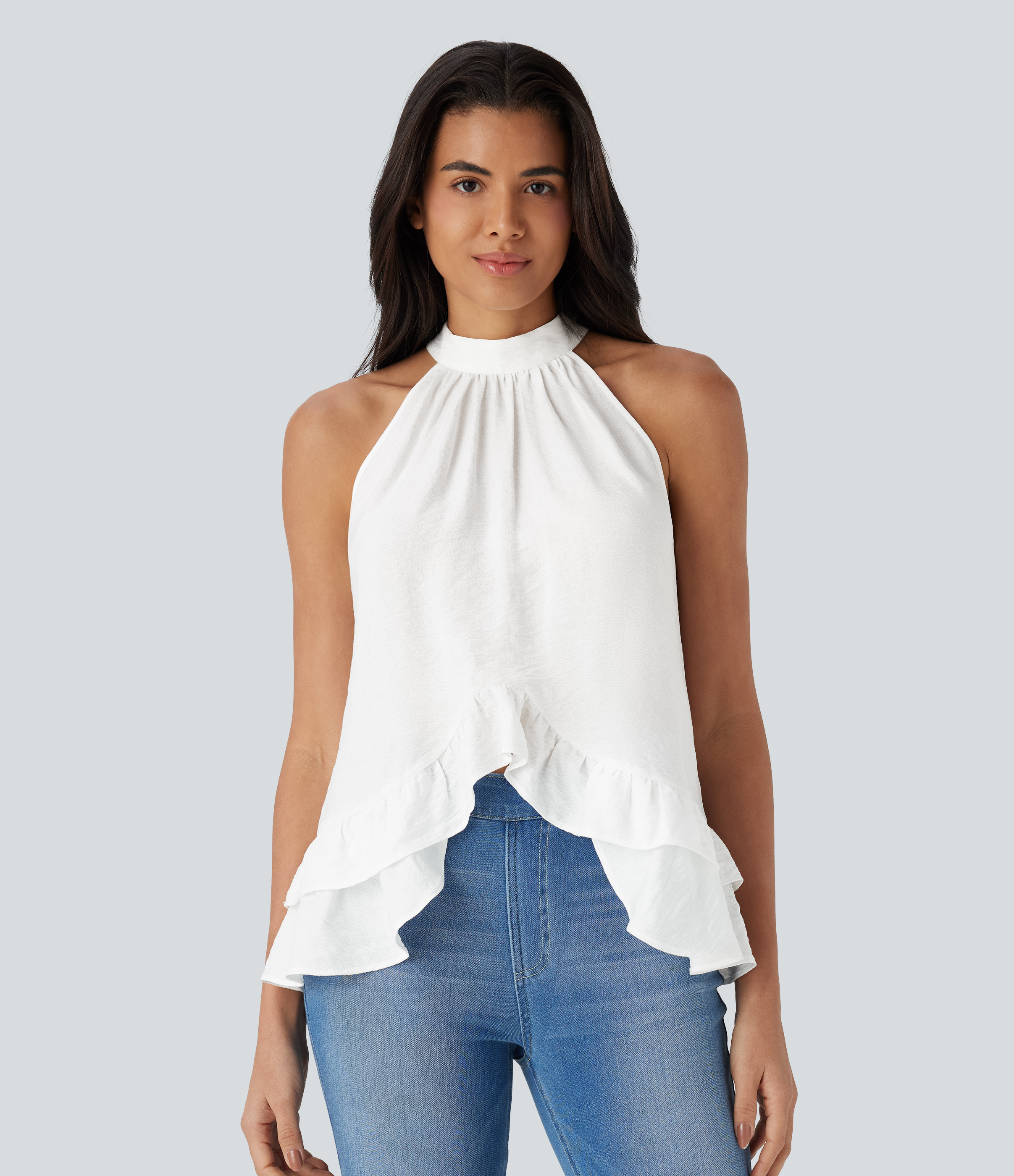 Mock Neck Sleeveless Asymmetric Ruffle Hem Casual Top