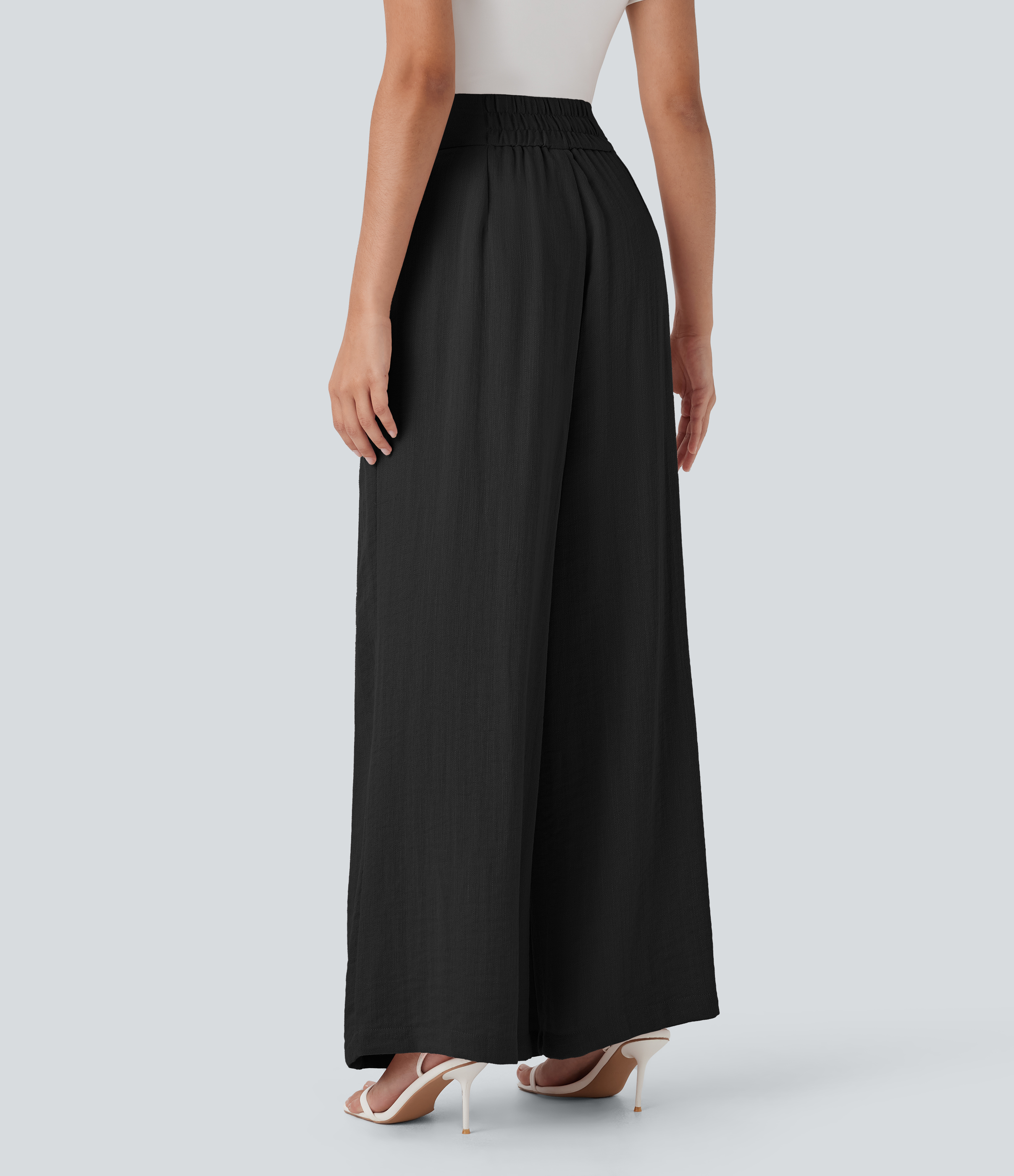 Negro Pantalones de cintura alta y pierna ancha en tejido efecto lino de estilo laboral, con bolsillos. / 2