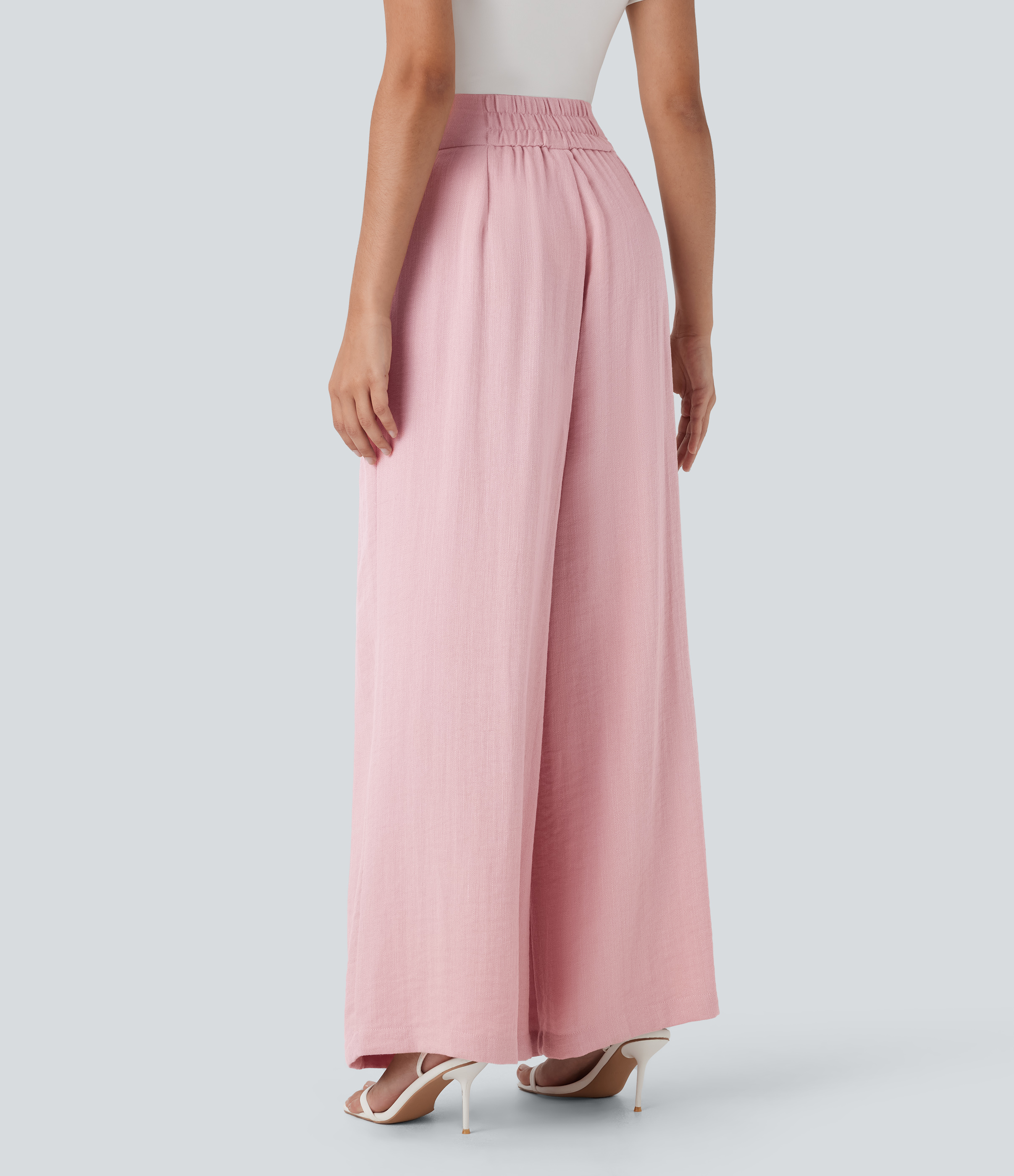 Chalk Pink Pantalones de oficina anchos de lino con tiro alto y bolsillos laterales / 2